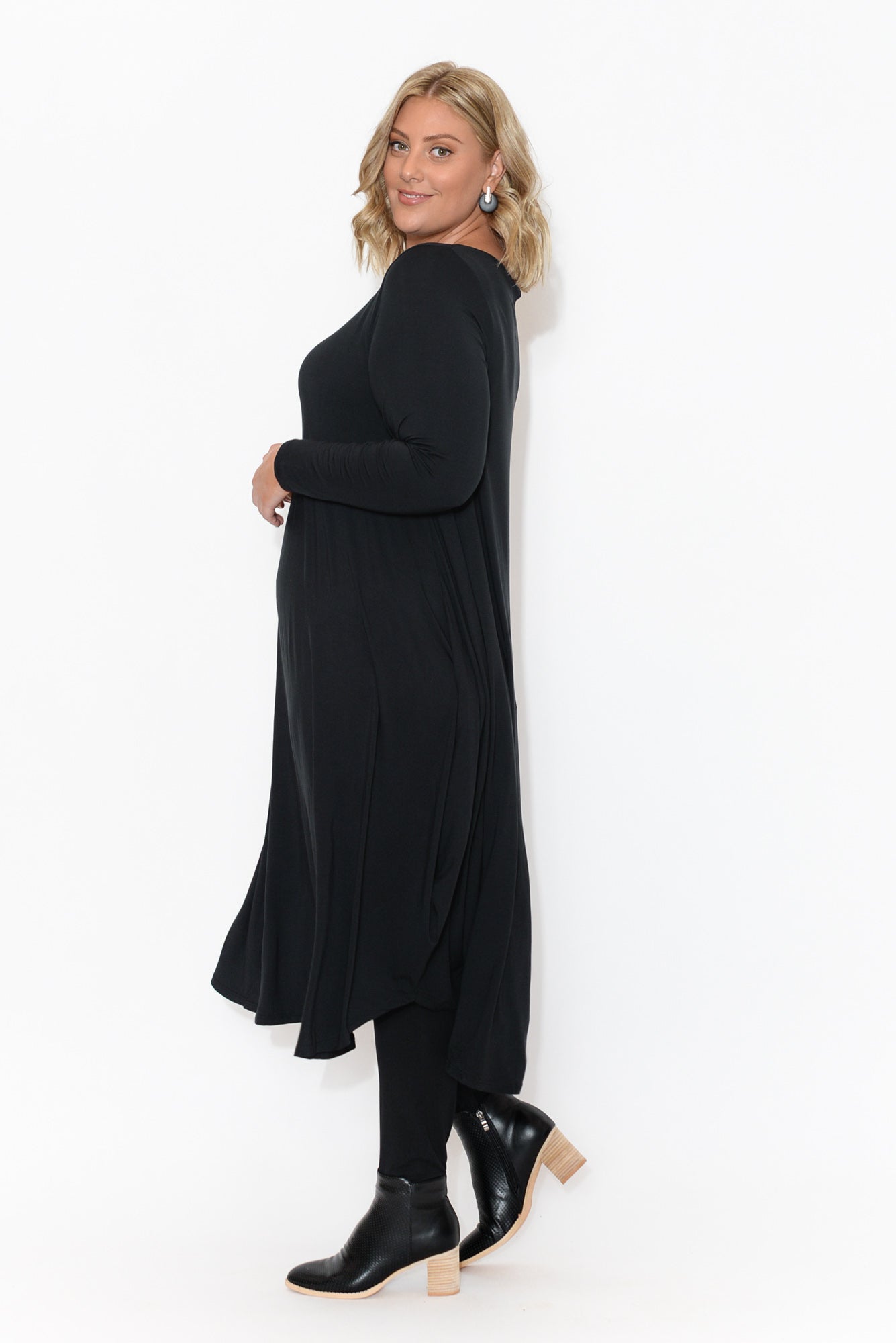 Black Long Sleeved Micro Modal Drape Dress