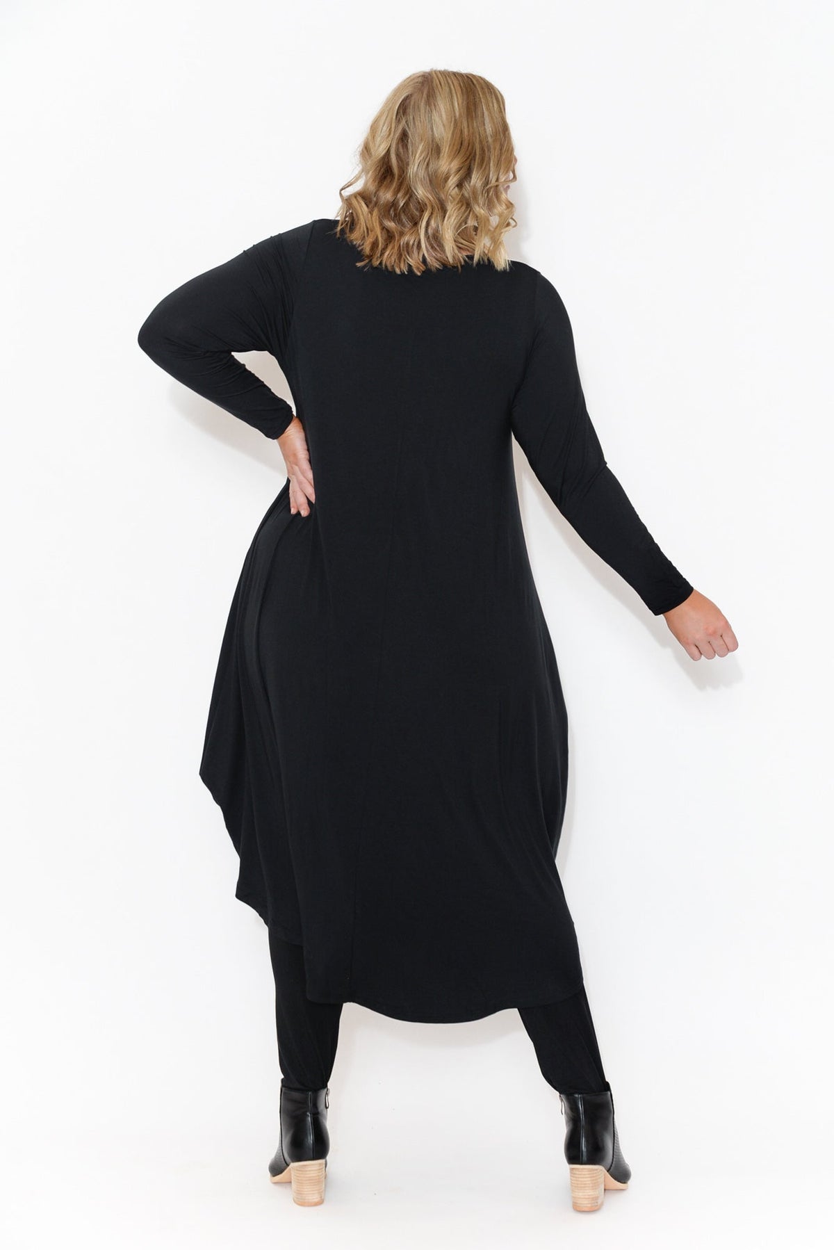 Black Long Sleeved Micro Modal Drape Dress