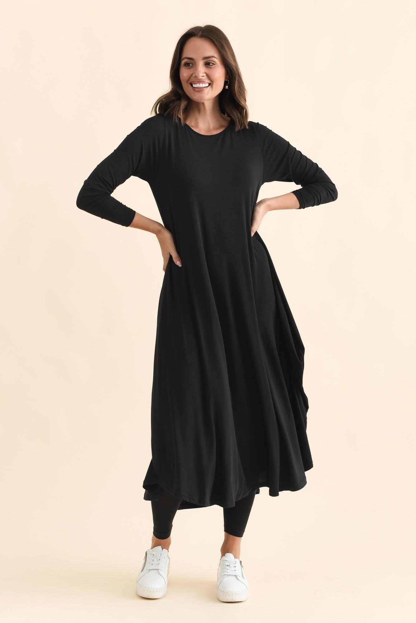 Black Long Sleeved Micro Modal Drape Dress