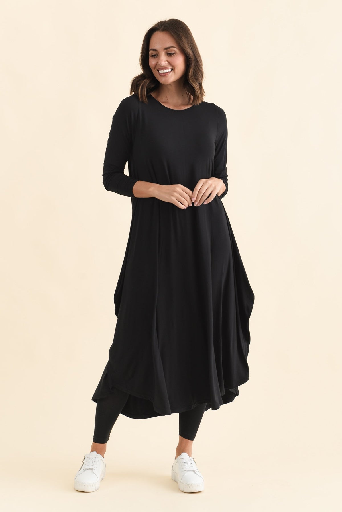Black Long Sleeved Micro Modal Drape Dress