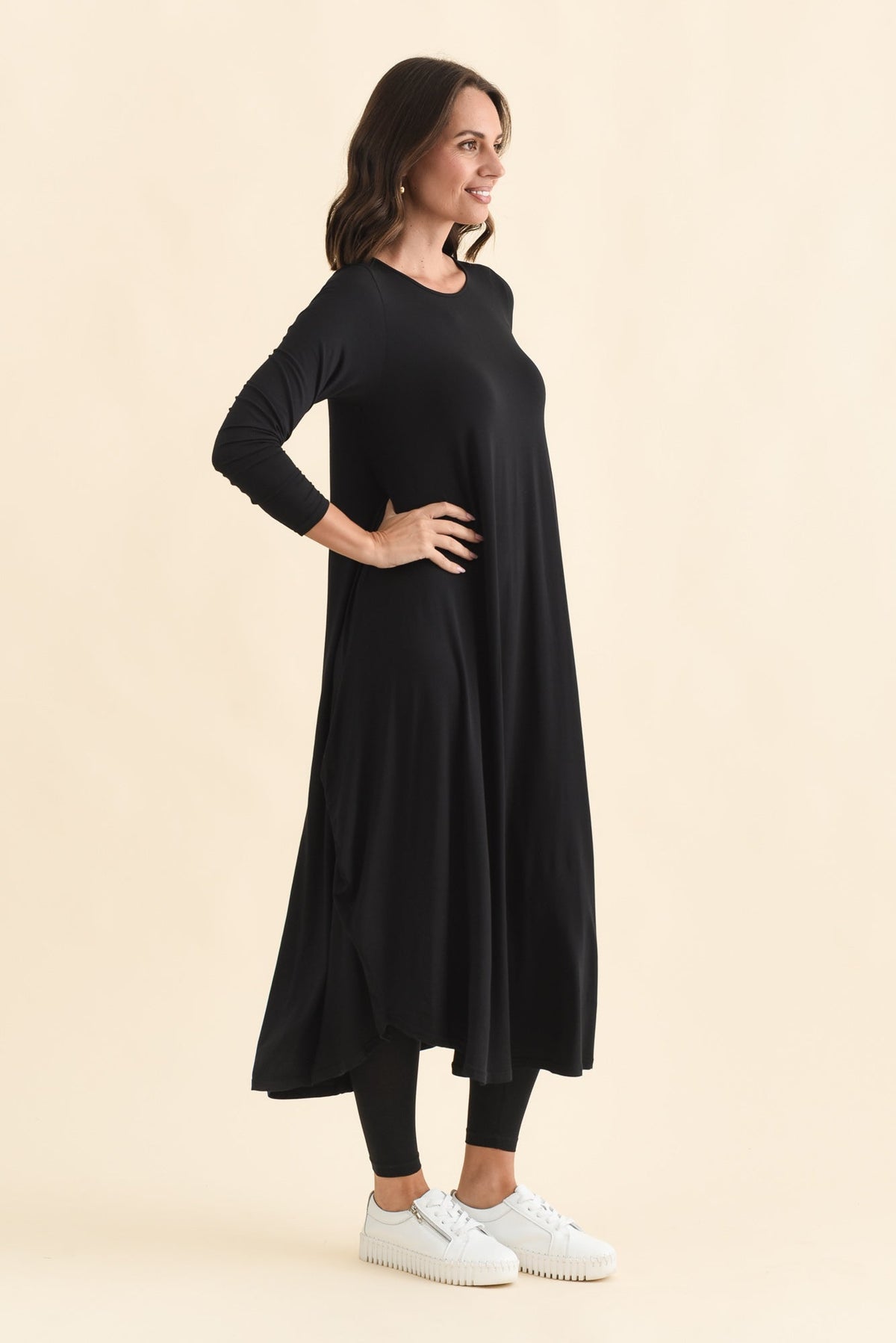Black Long Sleeved Micro Modal Drape Dress