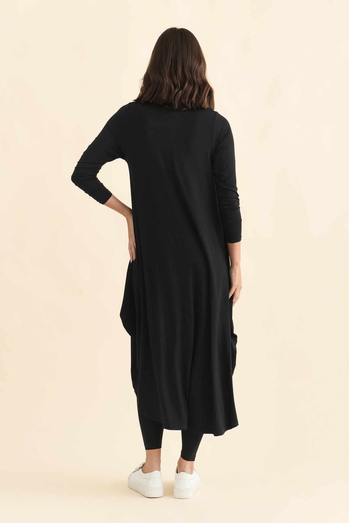 Black Long Sleeved Micro Modal Drape Dress