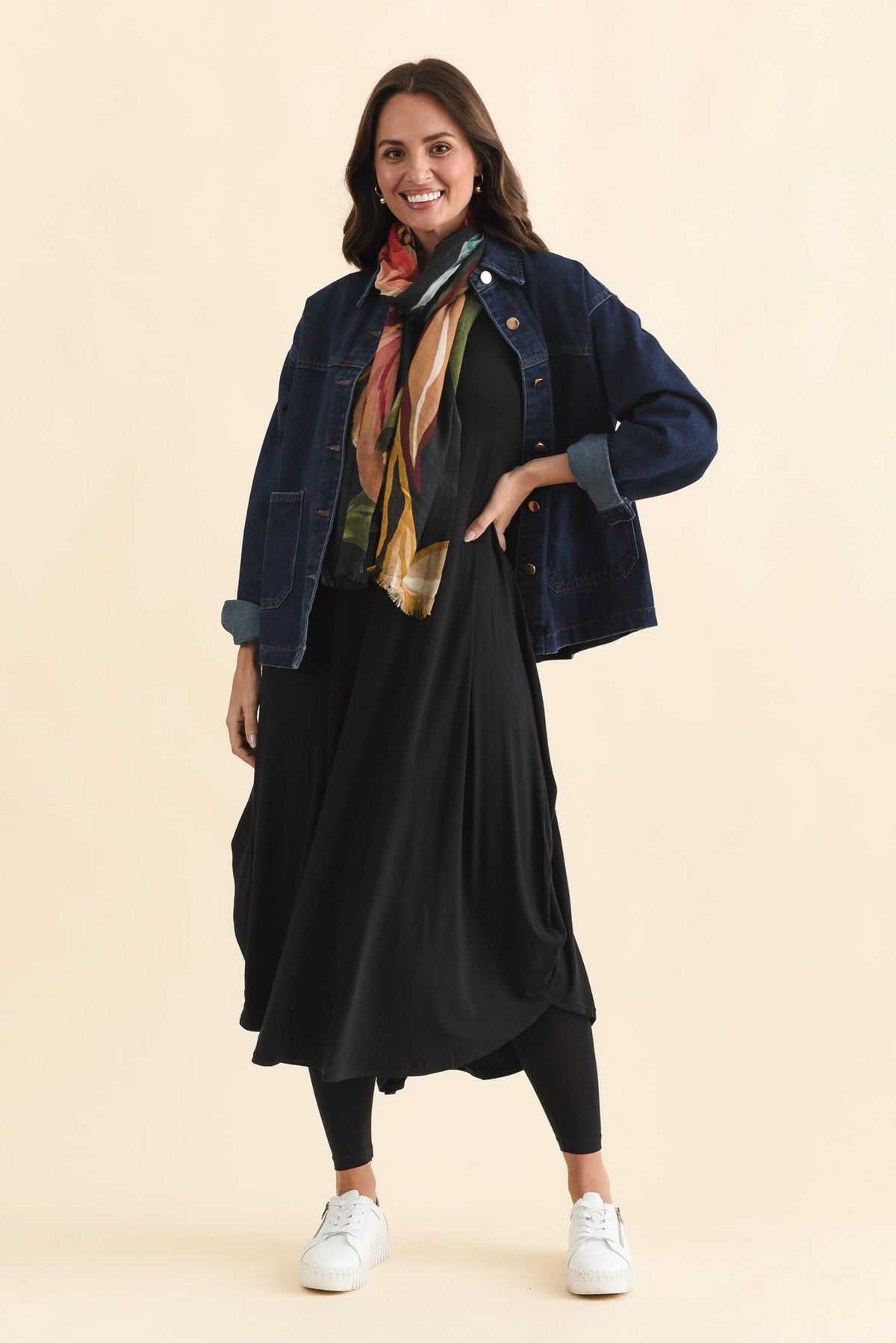 Black Long Sleeved Micro Modal Drape Dress