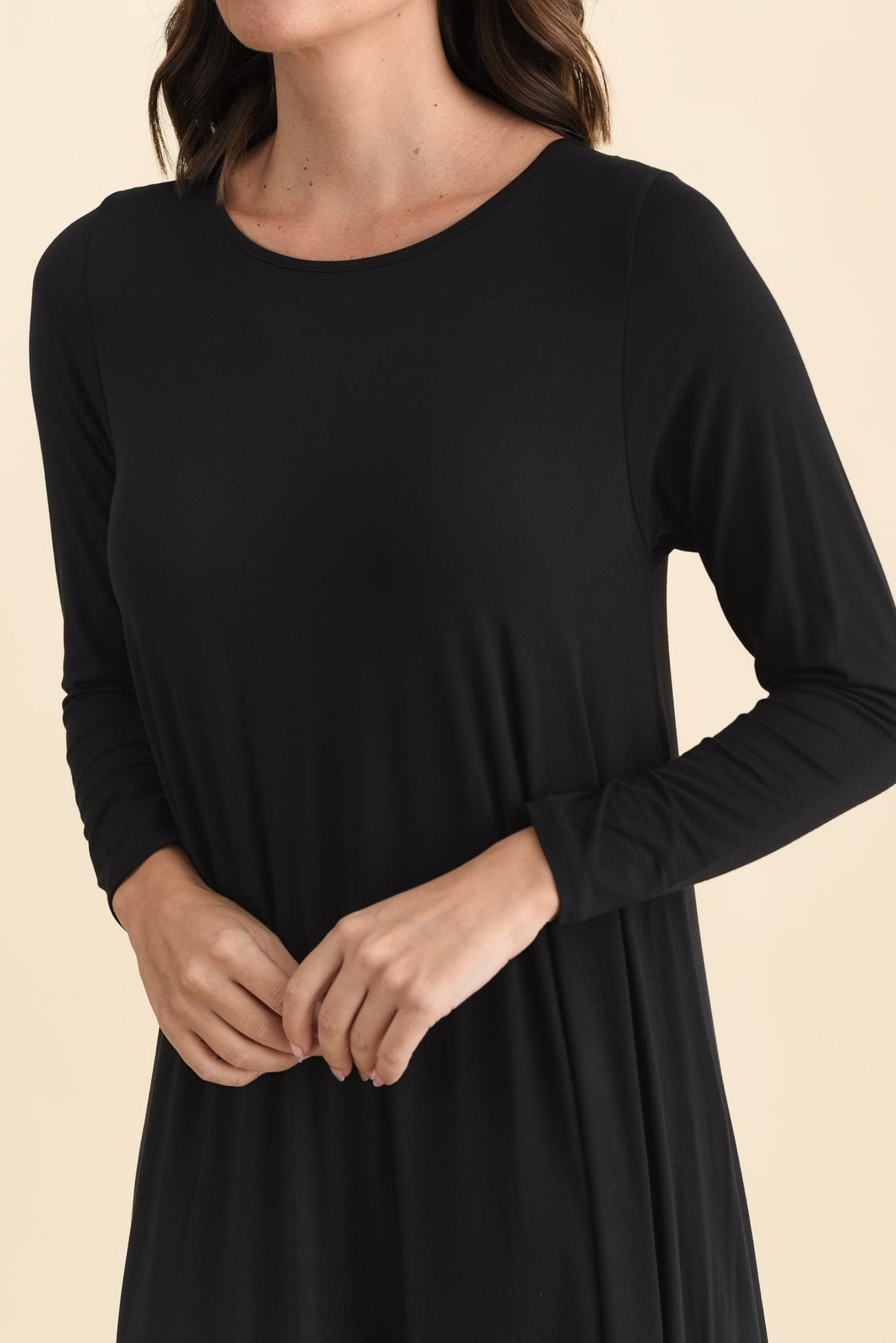 Black Long Sleeved Micro Modal Drape Dress