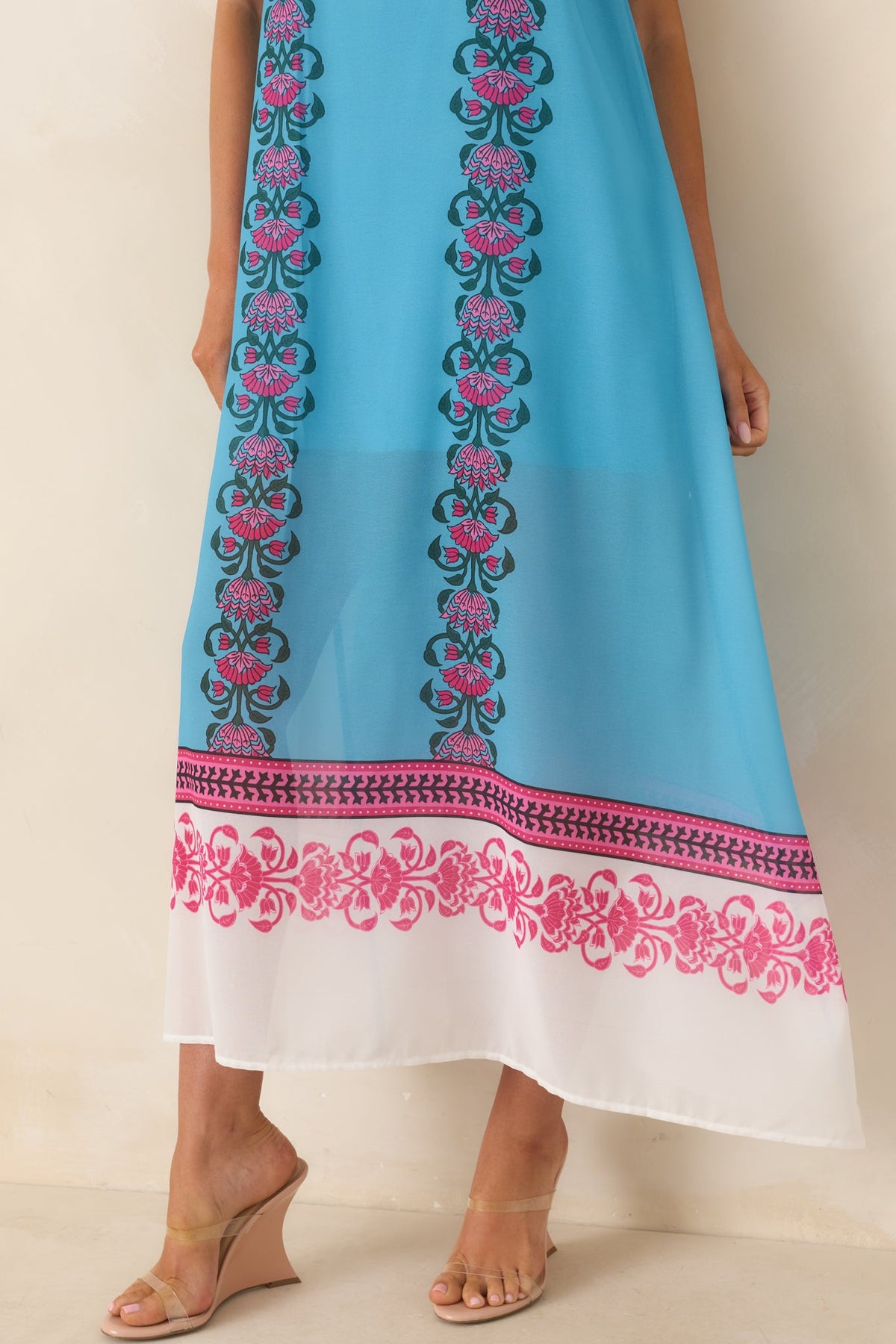 Cocktail Conversation Blue Floral Border Print Maxi Dress