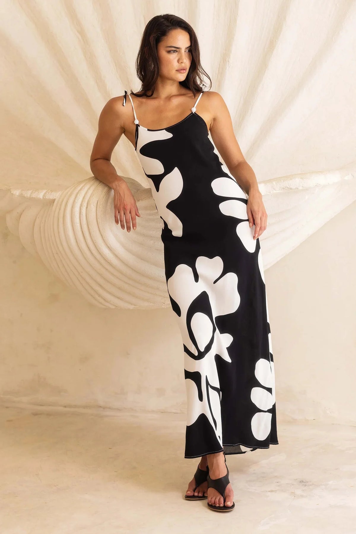 Bow Black Floral Print Strappy Slip Dress