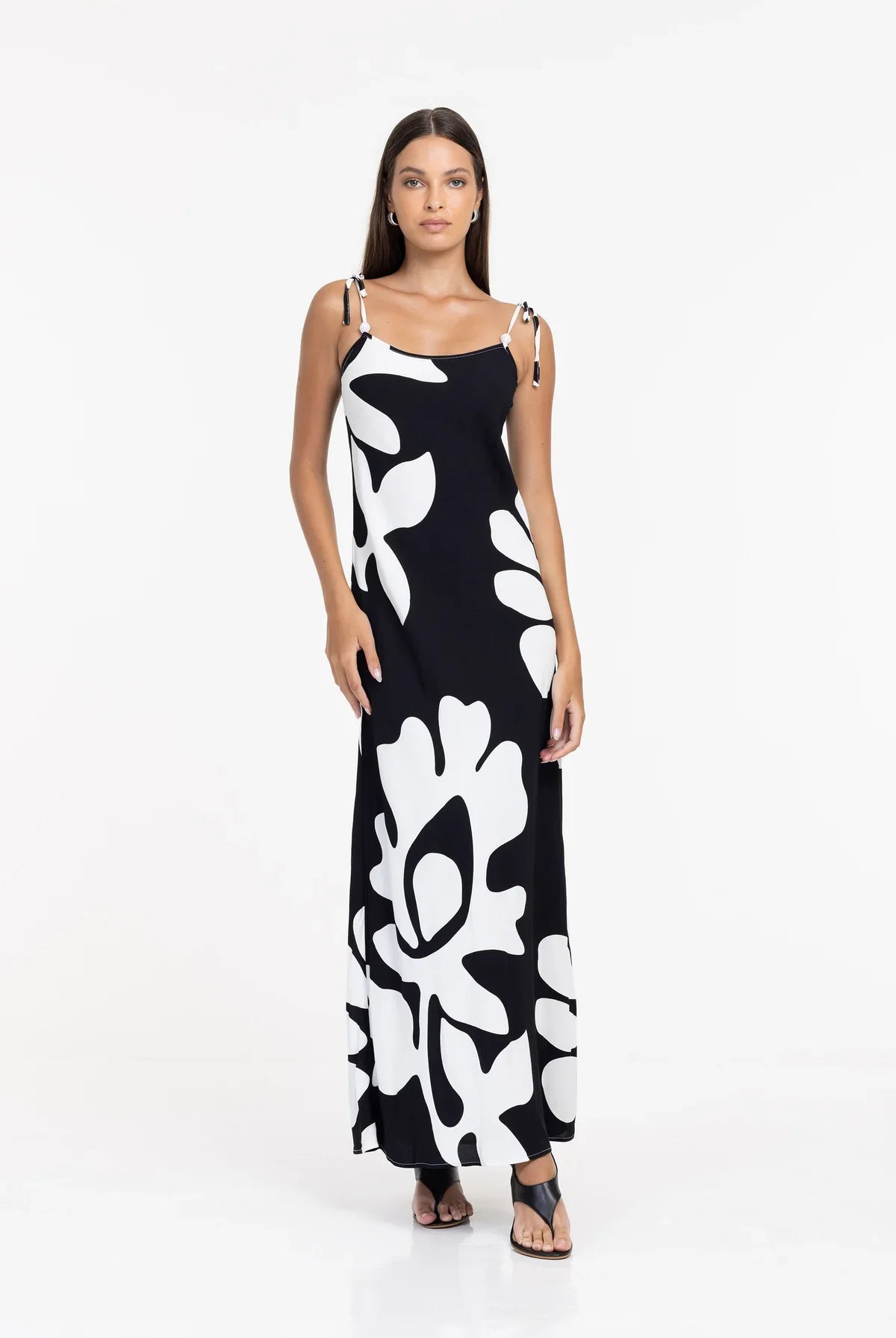 Bow Black Floral Print Strappy Slip Dress