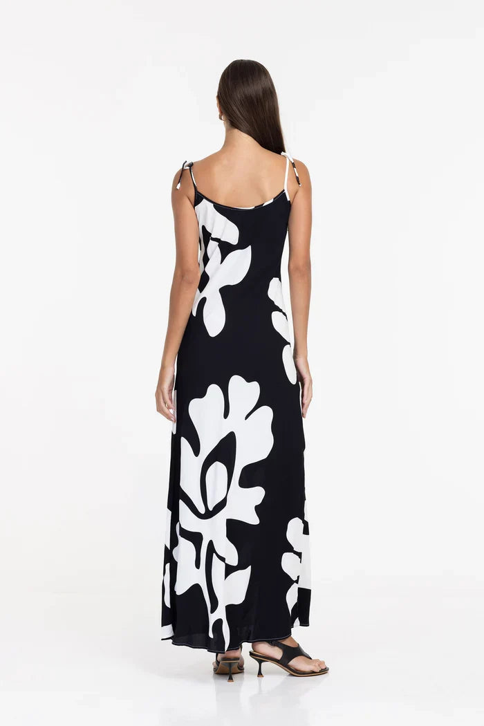 Bow Black Floral Print Strappy Slip Dress