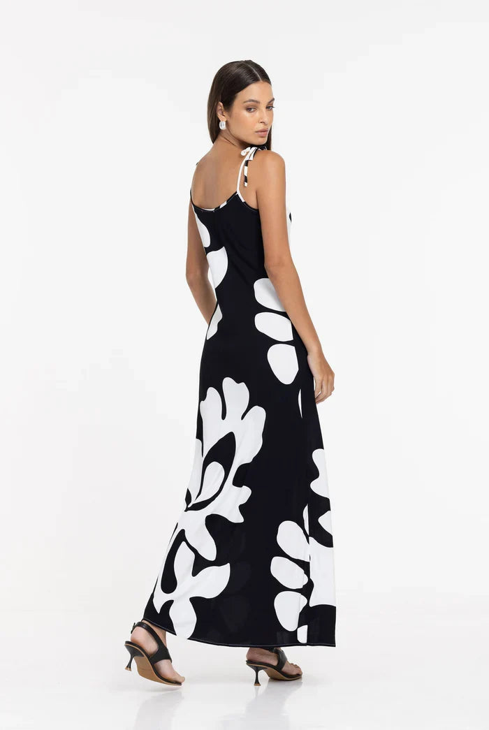 Bow Black Floral Print Strappy Slip Dress