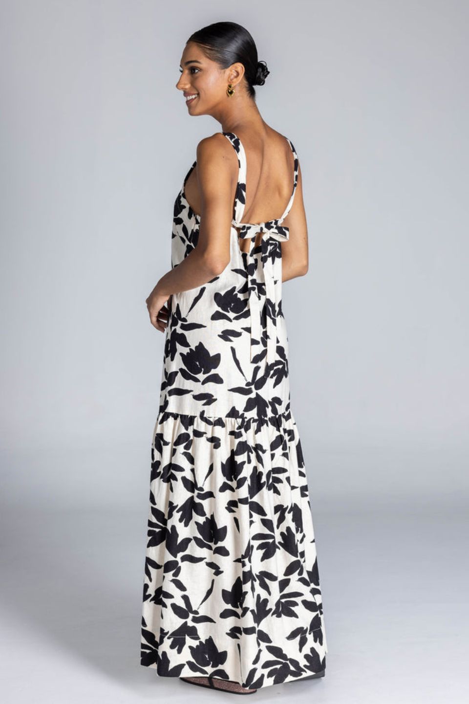 Break Your Heart Ivory Black Floral Cotton Linen Strappy Maxi Dress