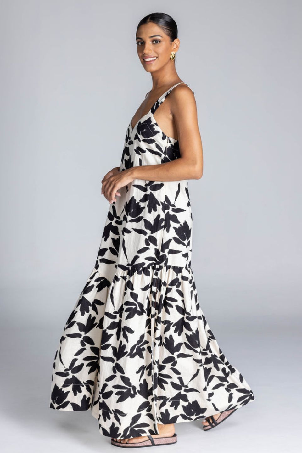 Break Your Heart Ivory Black Floral Cotton Linen Strappy Maxi Dress