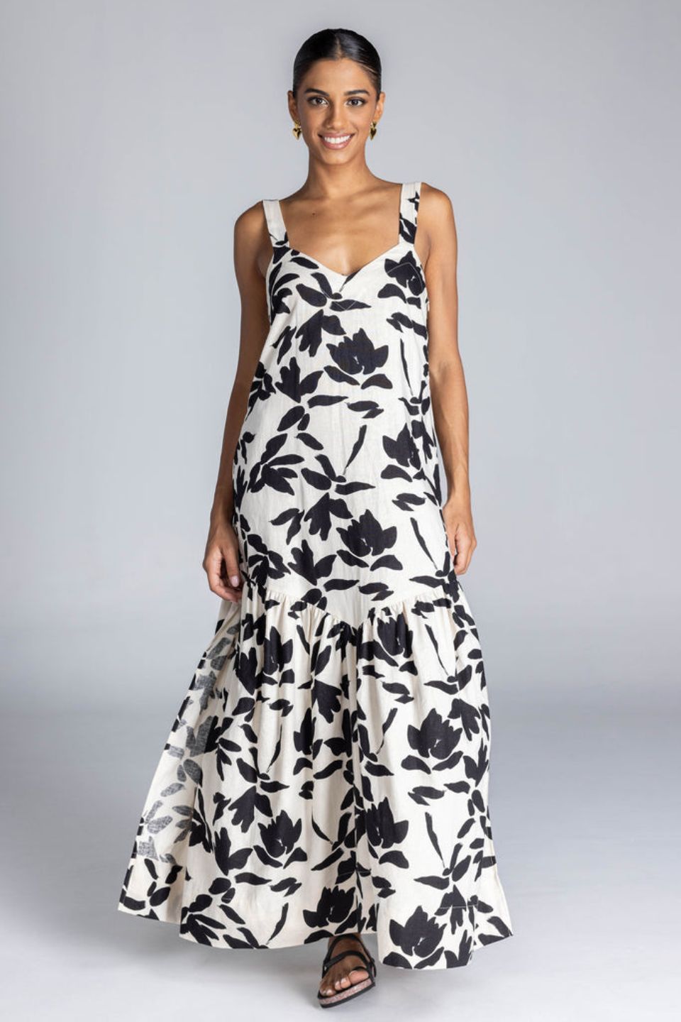 Break Your Heart Ivory Black Floral Cotton Linen Strappy Maxi Dress
