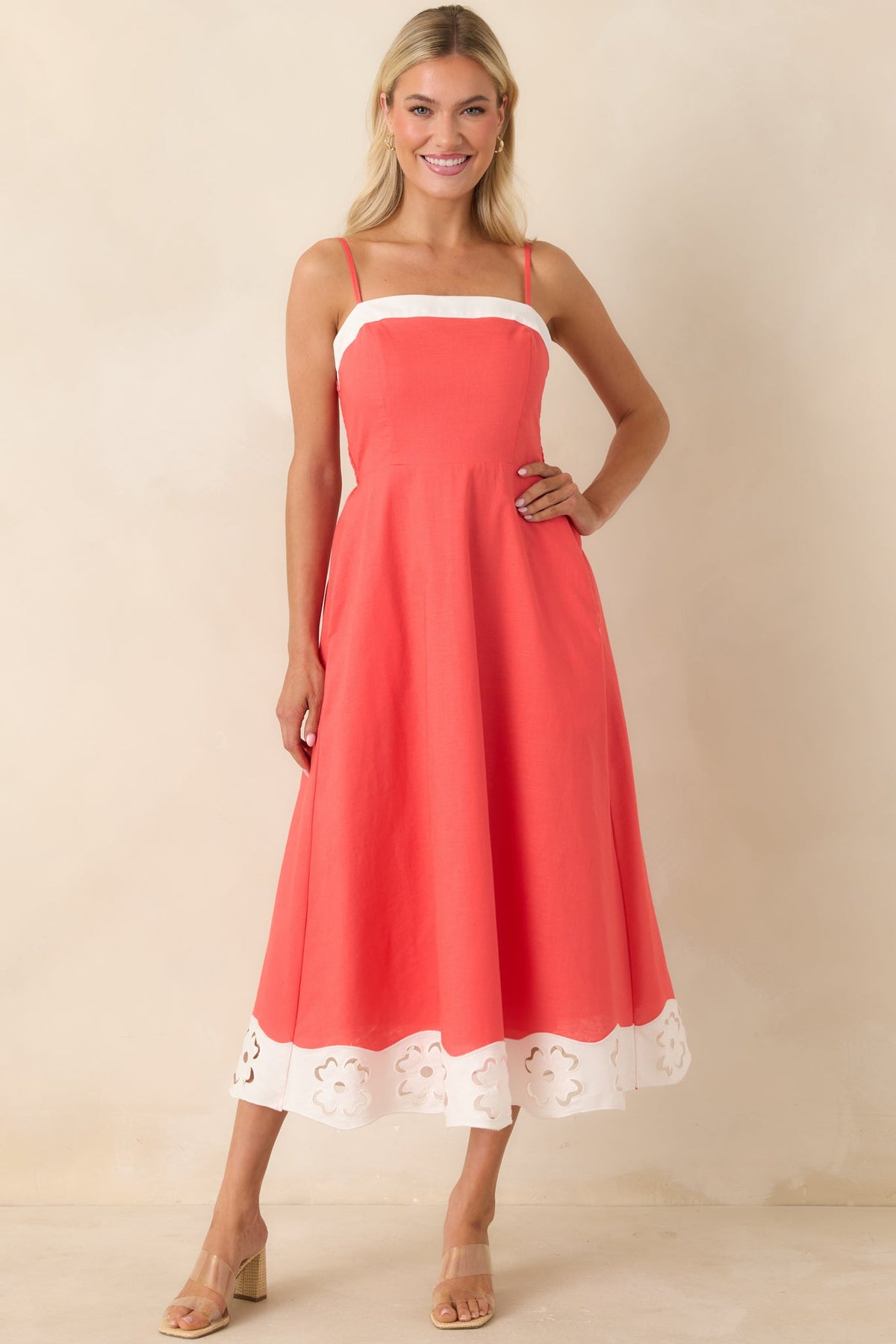 Cut Out for It Poppy Red & Ivory Cotton Linen Floral Cutout Midi Dress