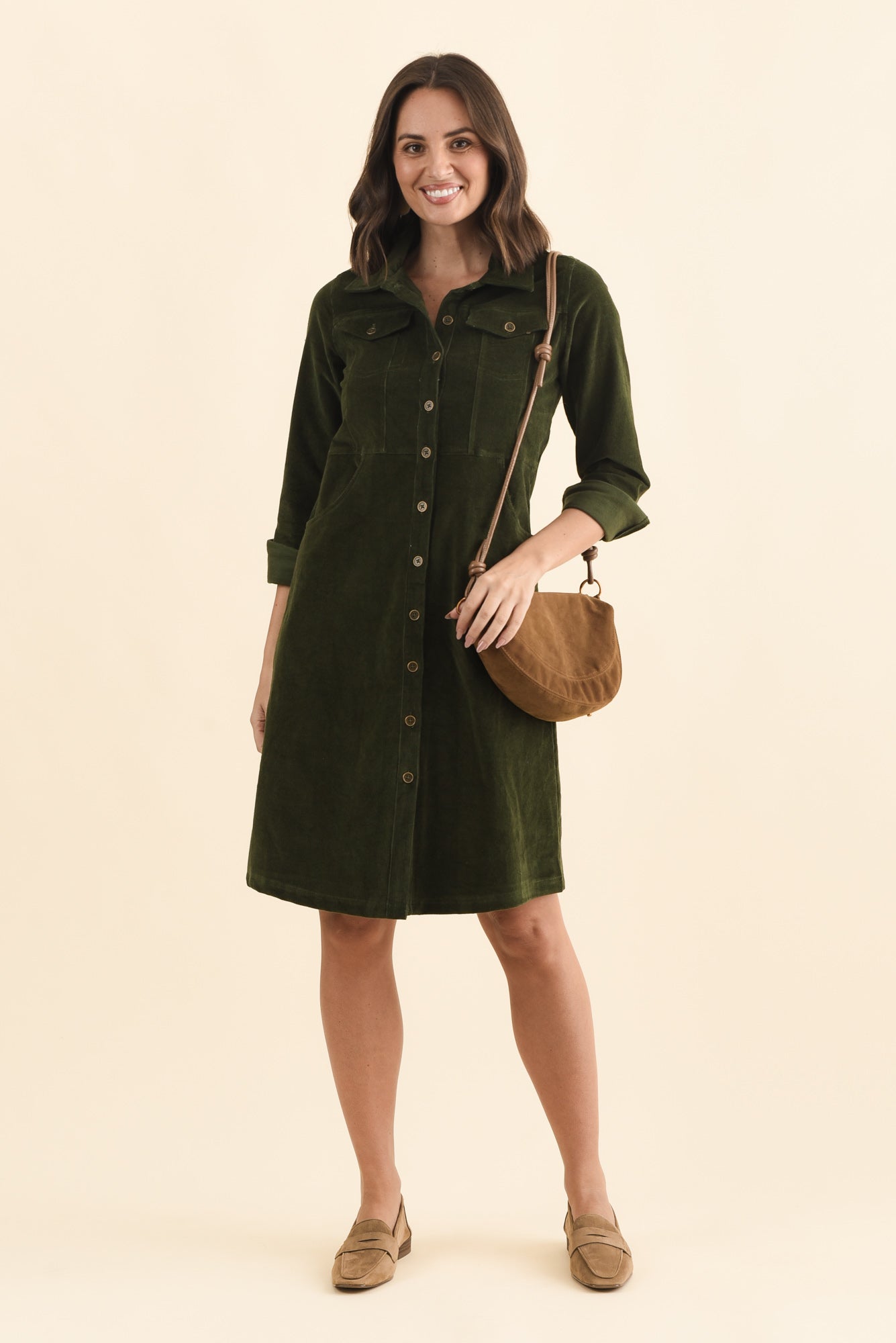 Bronwyn Forest Green Corduroy Button Dress