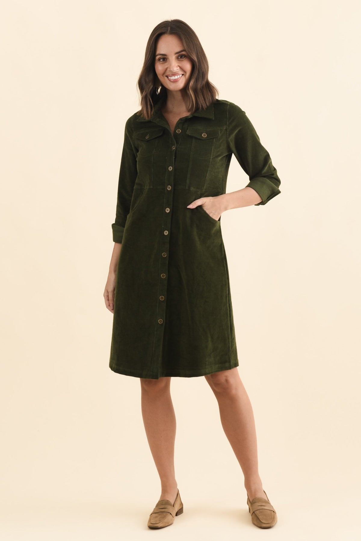 Bronwyn Forest Green Corduroy Button Dress