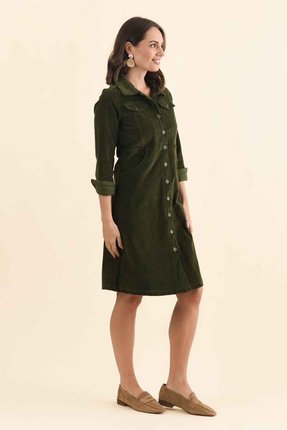 Bronwyn Forest Green Corduroy Button Dress