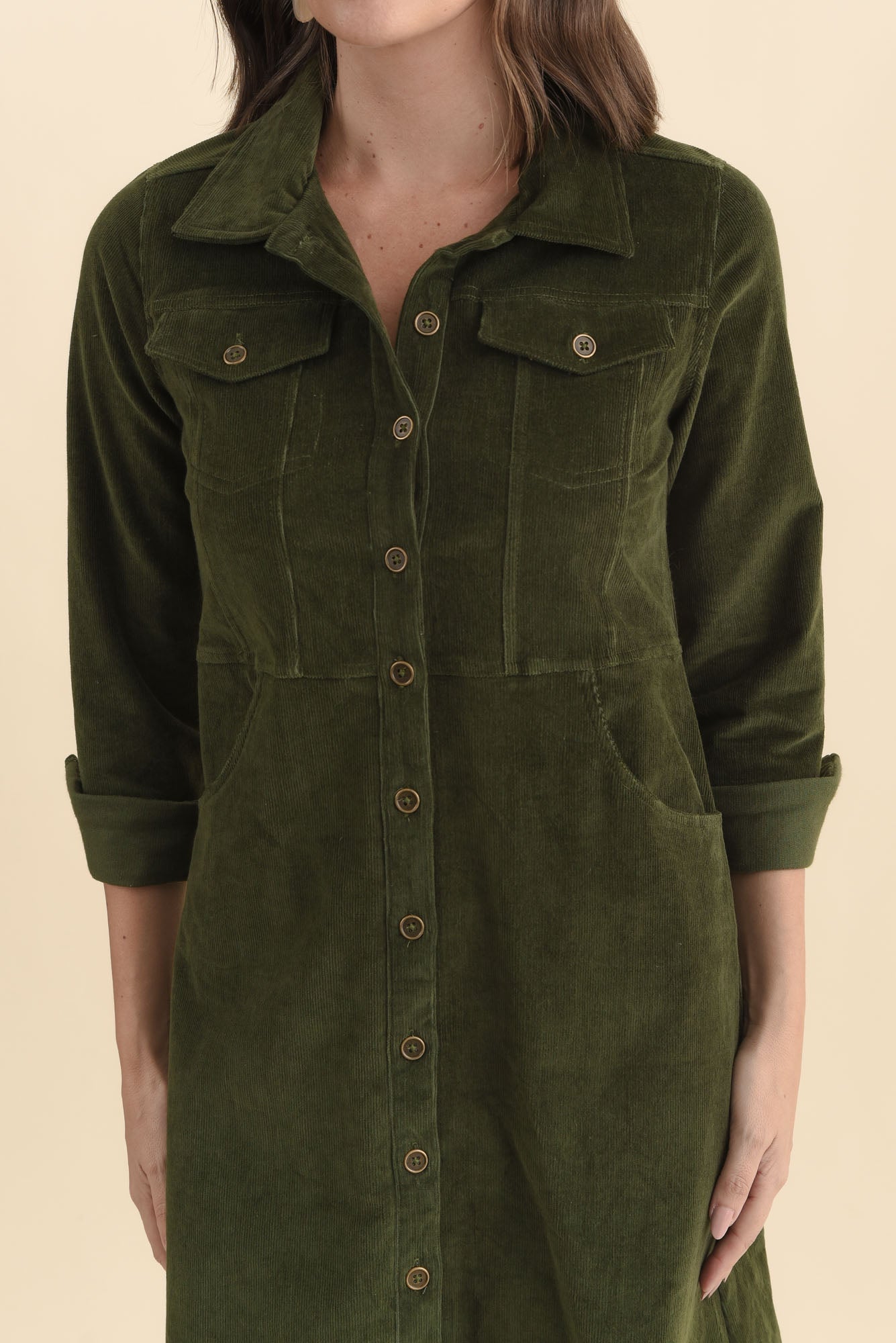 Bronwyn Forest Green Corduroy Button Dress