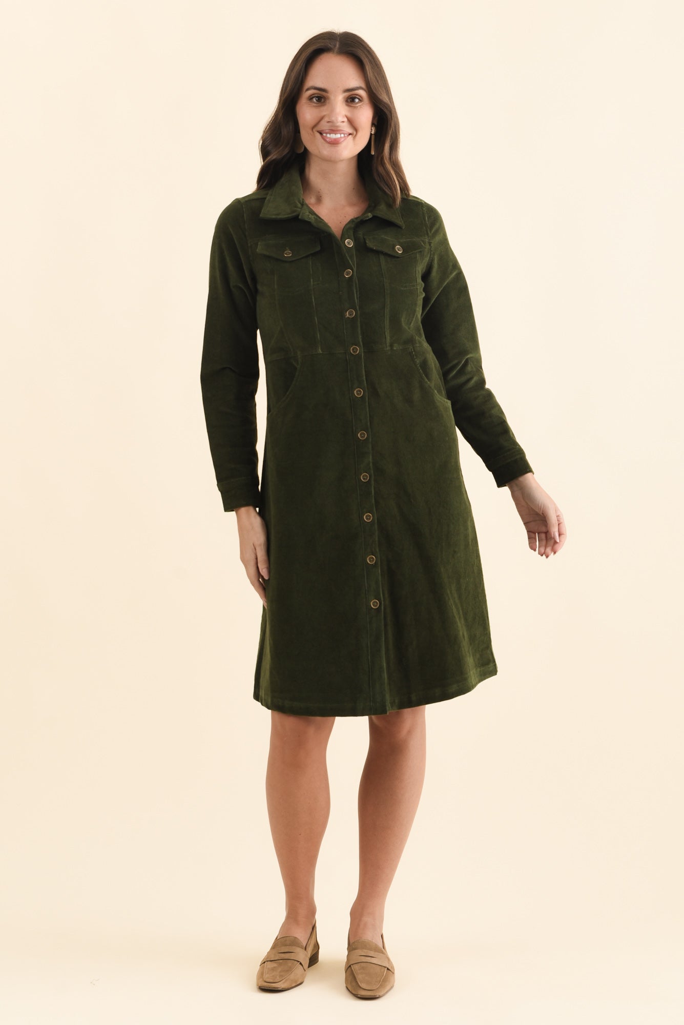 Bronwyn Forest Green Corduroy Button Dress