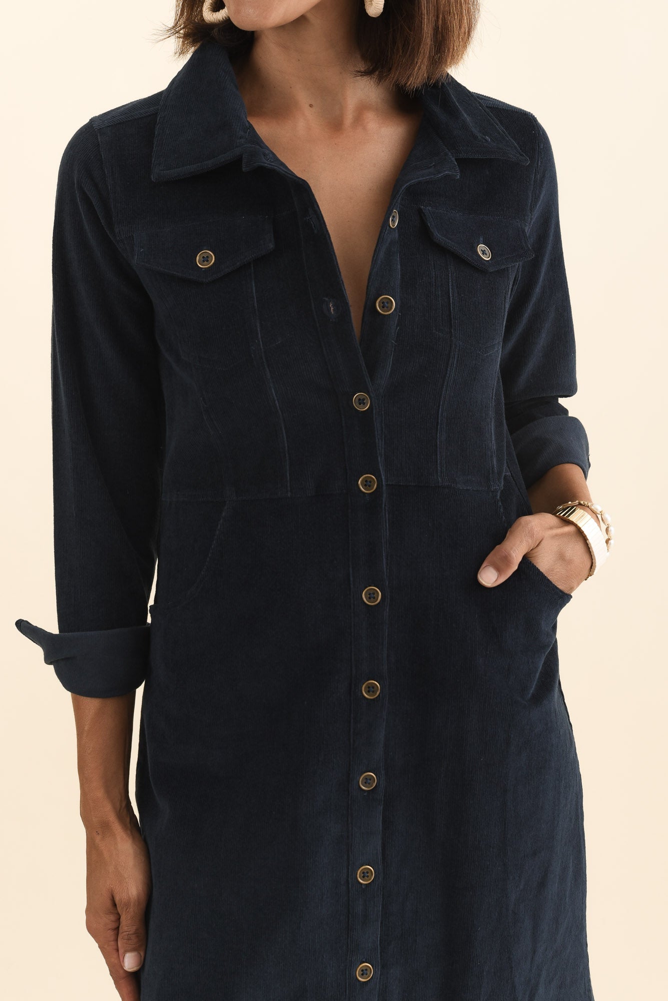 Bronwyn Navy Corduroy Button Dress