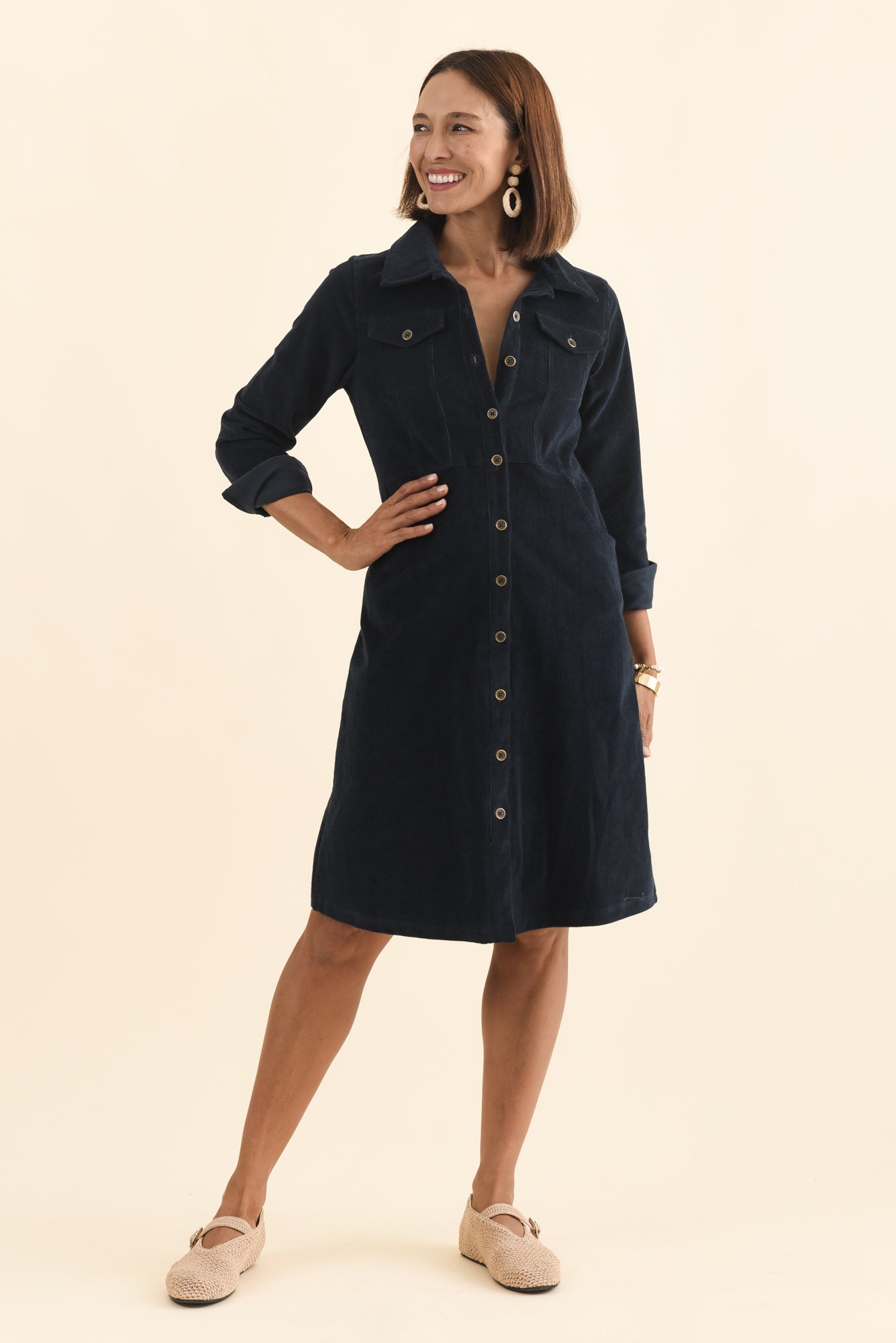 Bronwyn Navy Corduroy Button Dress
