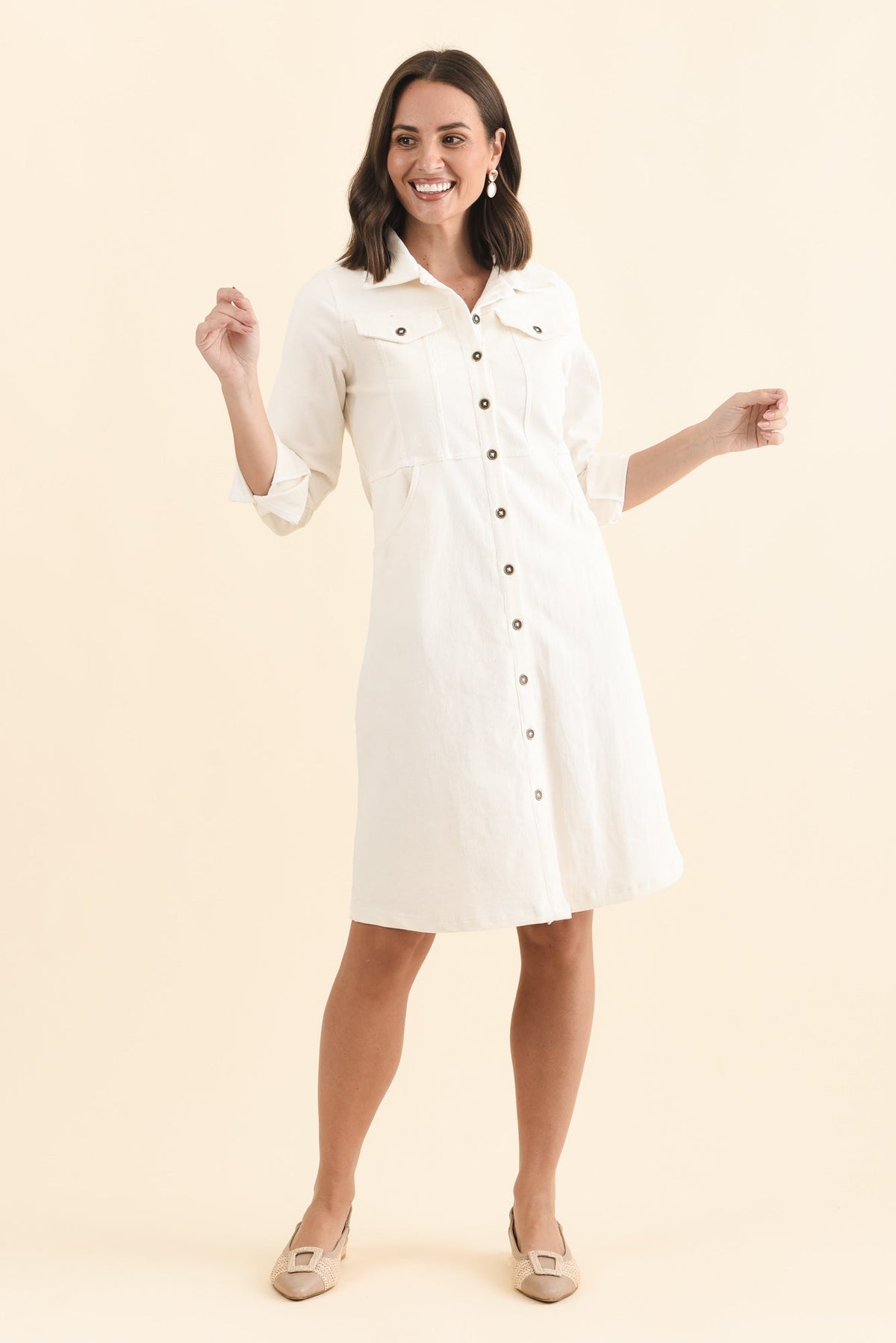 Bronwyn White Corduroy Button Dress