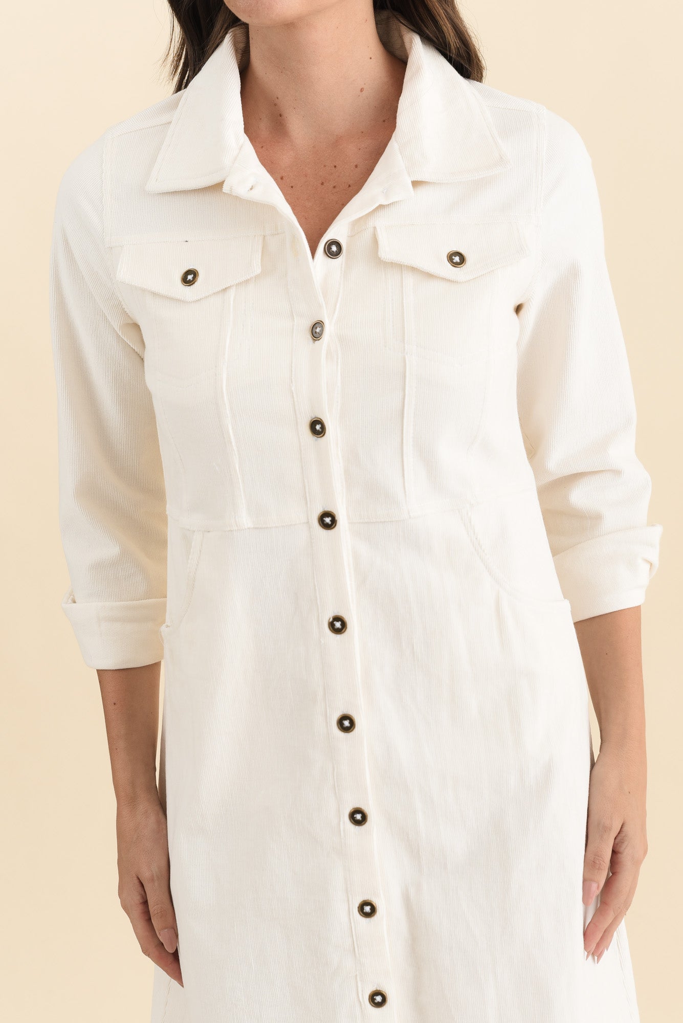 Bronwyn White Corduroy Button Dress