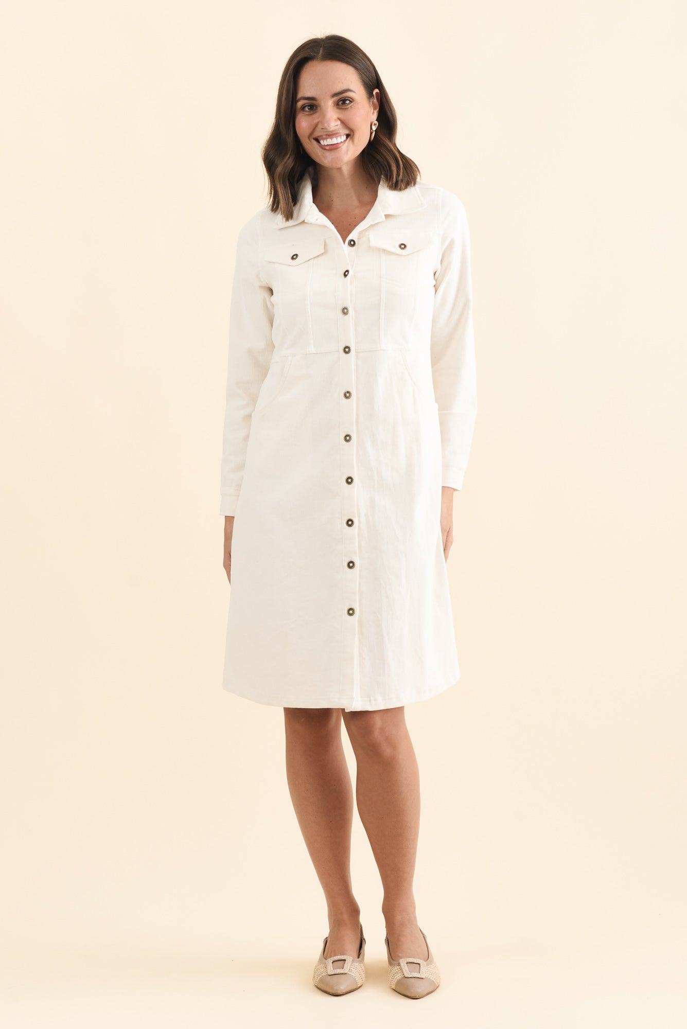 Bronwyn White Corduroy Button Dress