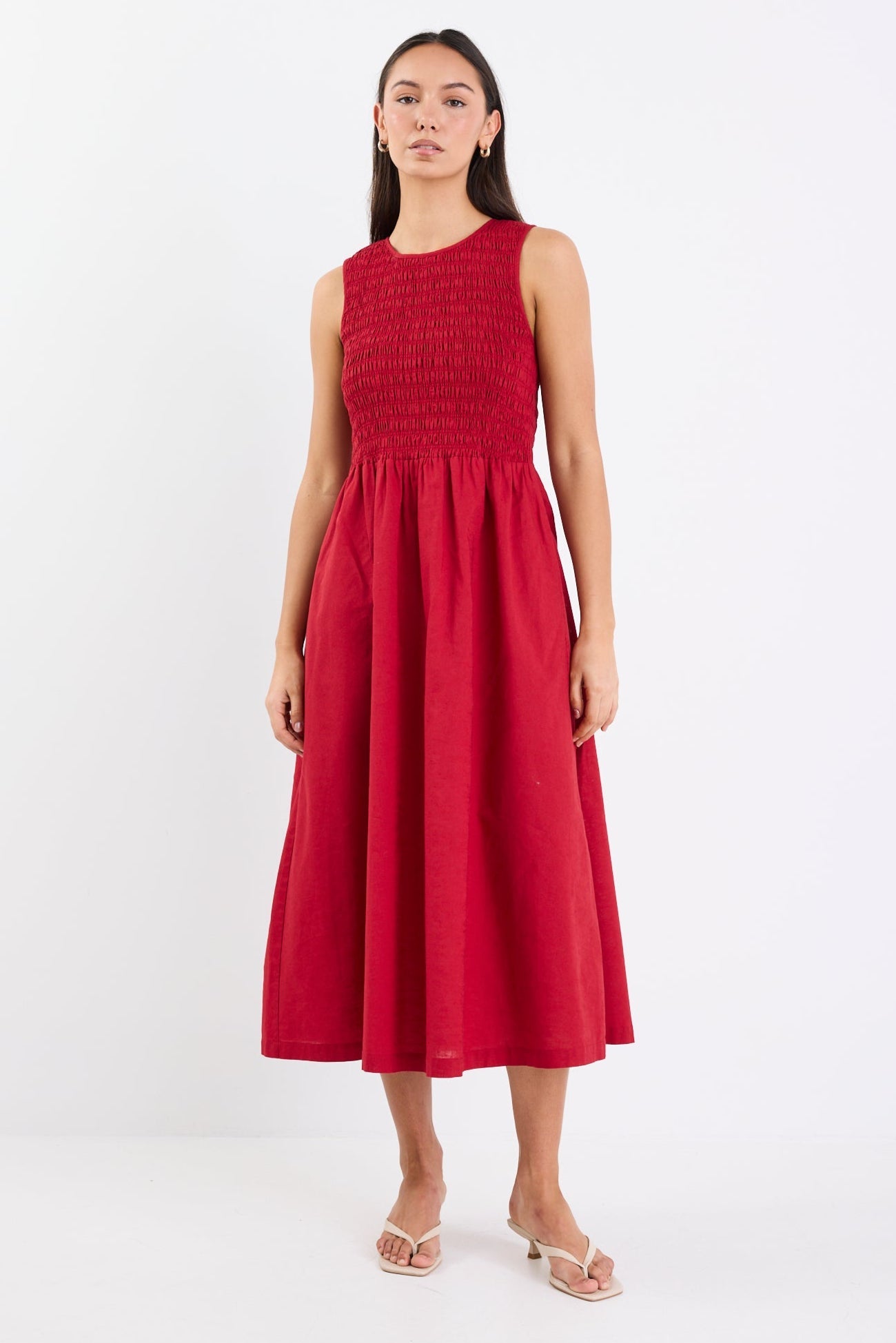 Bryar Plum Linen Blend Sleeveless Shirred Bodice Midi Dress