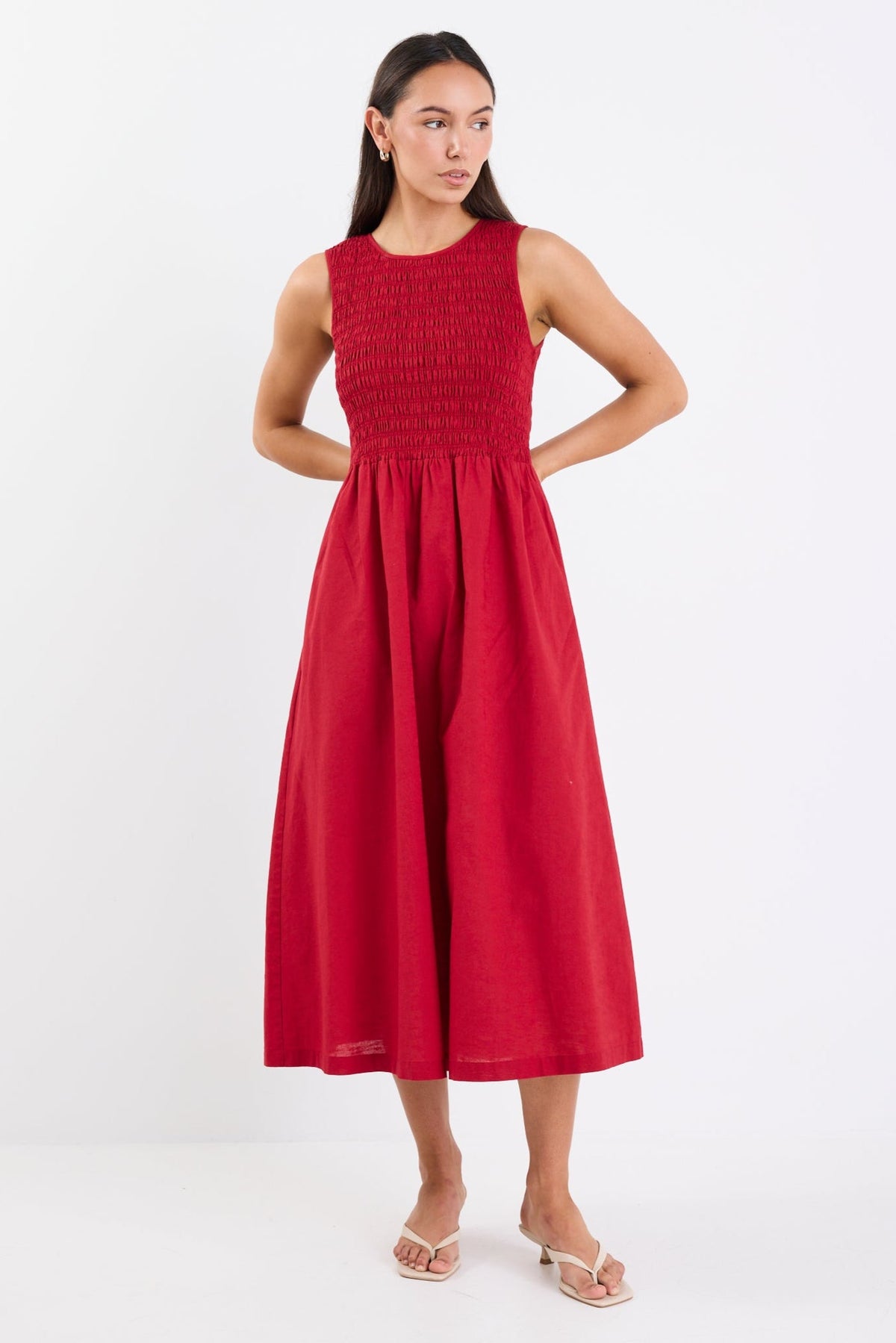 Bryar Plum Linen Blend Sleeveless Shirred Bodice Midi Dress