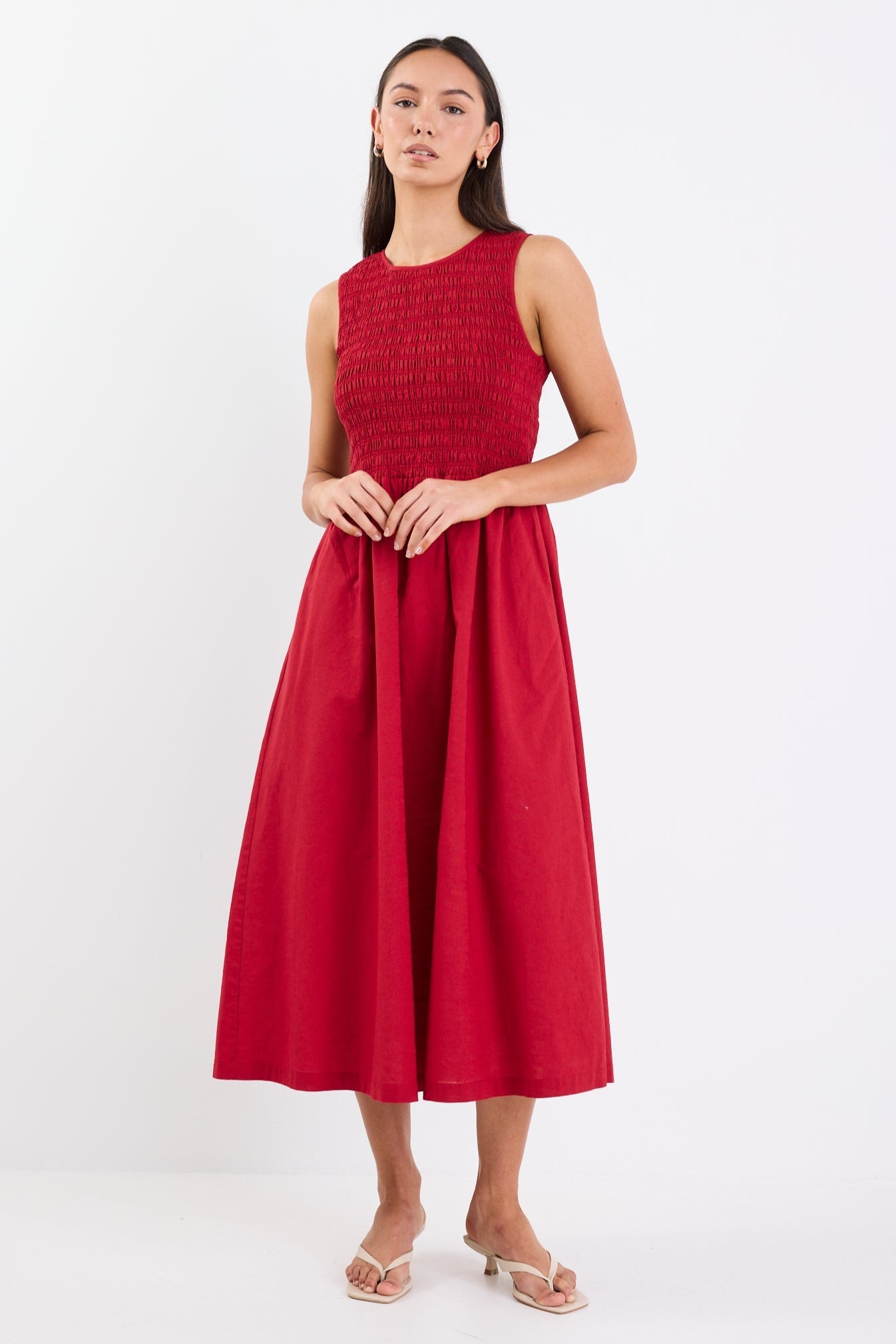 Bryar Plum Linen Blend Sleeveless Shirred Bodice Midi Dress