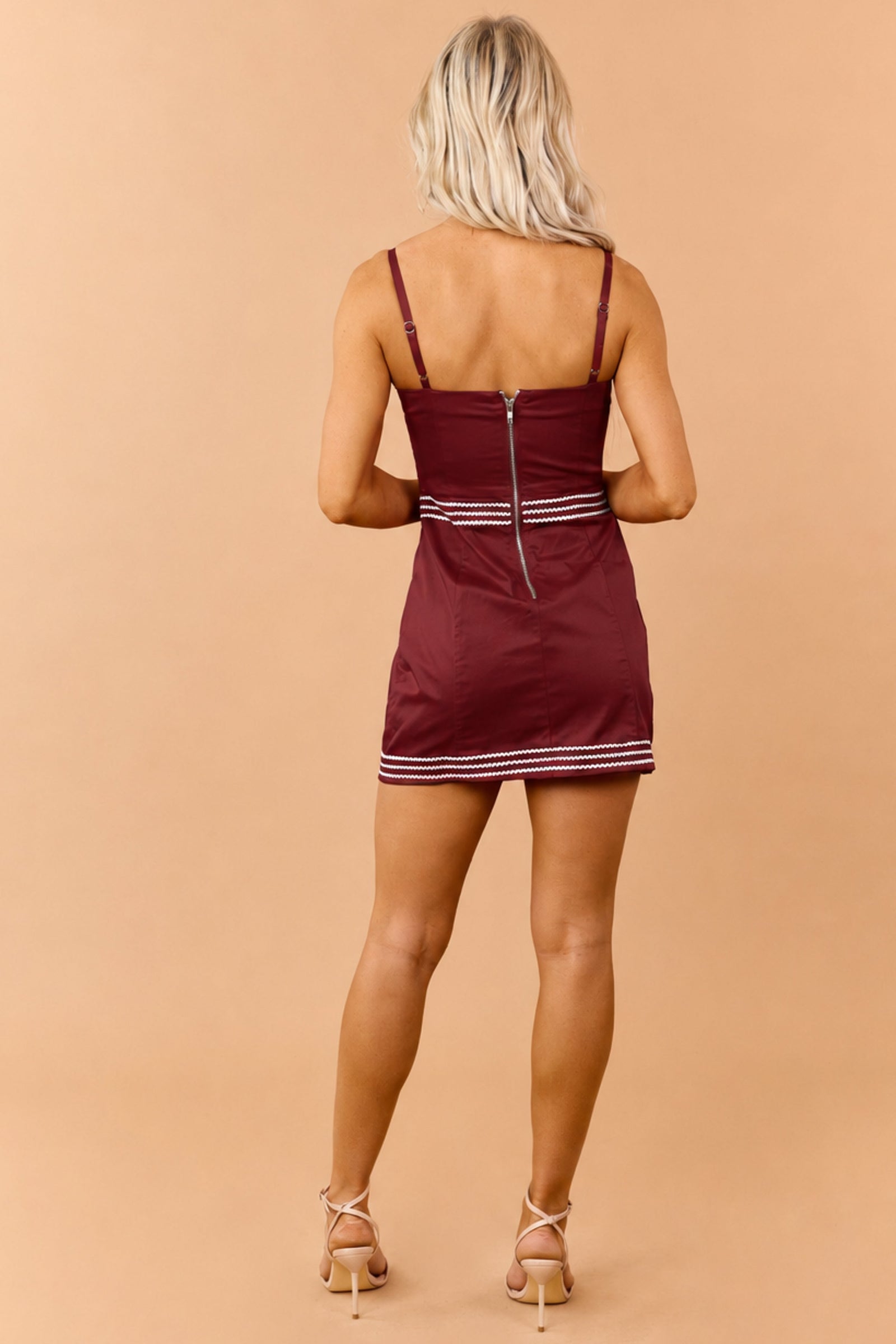 PRE-ORDER Burgundy Cotton Contrast Rick Rack Detail Mini Dress SHIP ETA 9/5