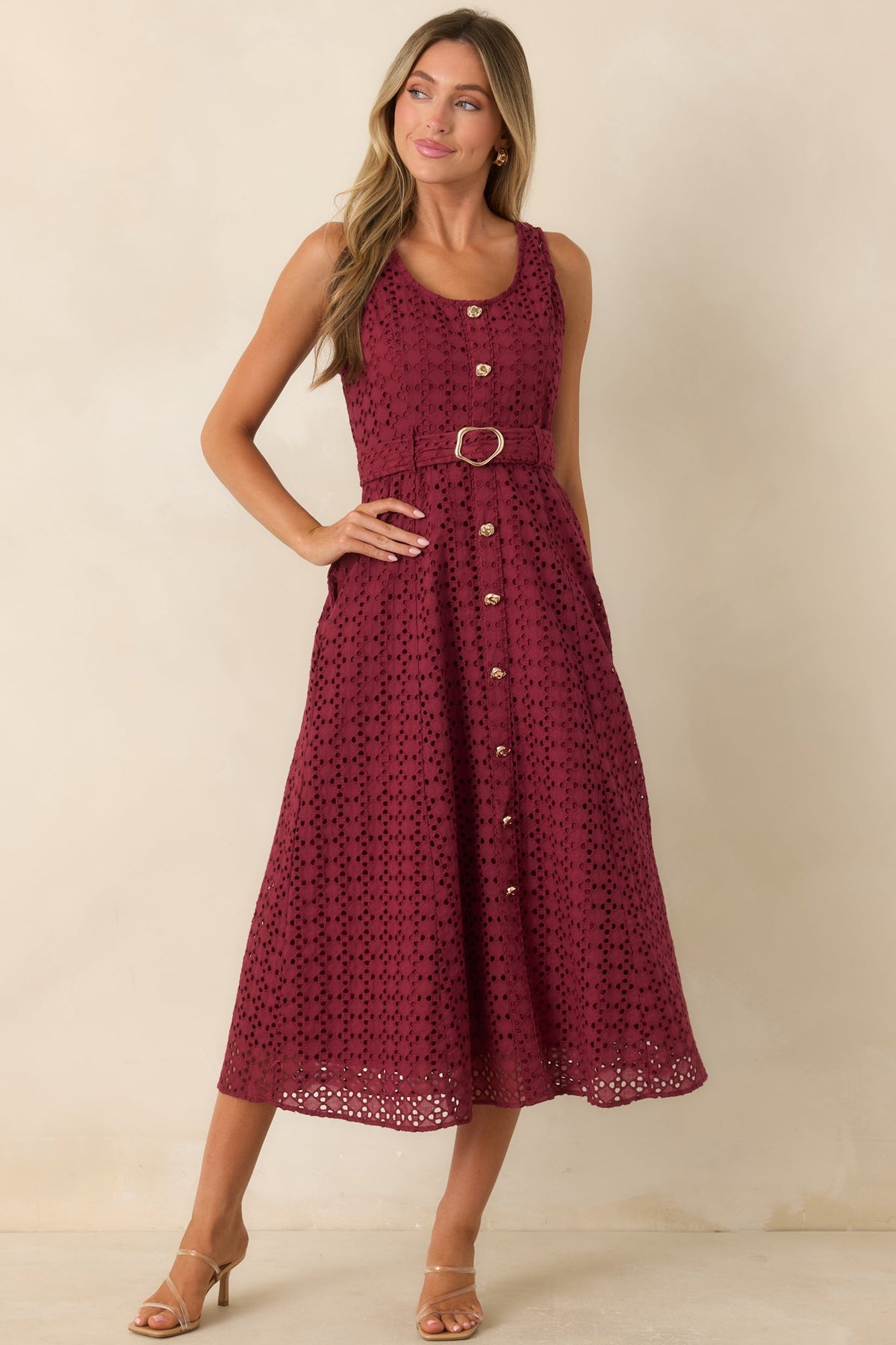 Garden Society Burgundy Cotton Eyelet Sleeveless Midi Dress