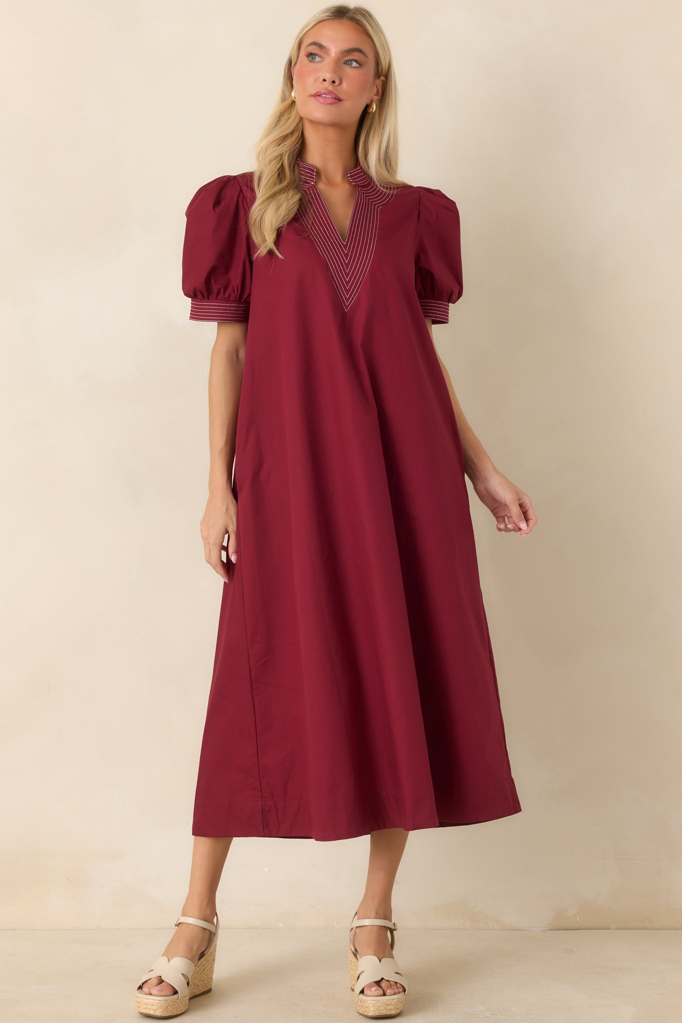 She Makes a Strong Point Burgundy Contrast Stitch Cotton Midi Dress