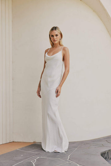 CURAAE Bella Maxi Cowl Neck Pinstripe Slip Dress In White