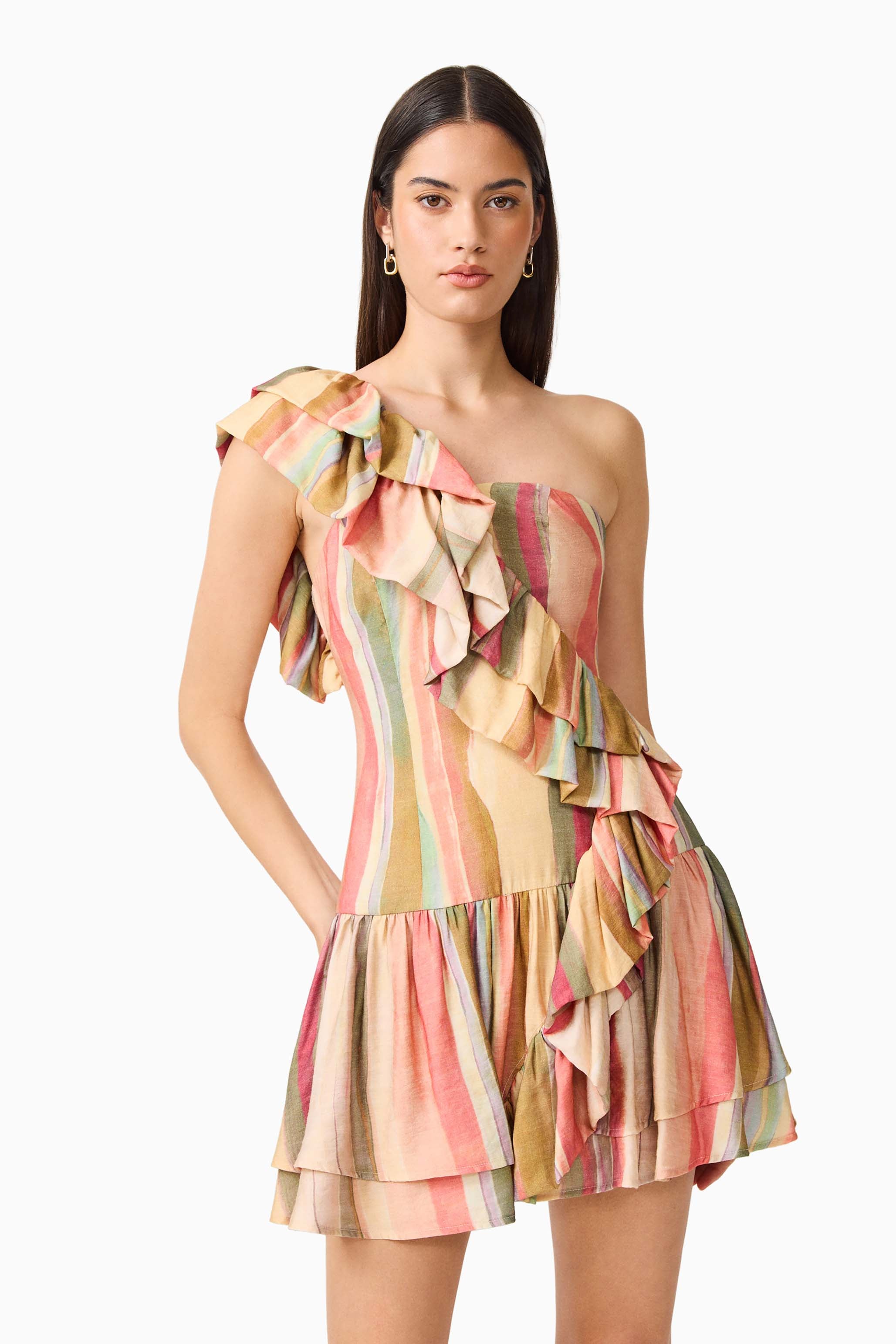 CURAAE Zala Ruffle Mini Dress in Striped Multi