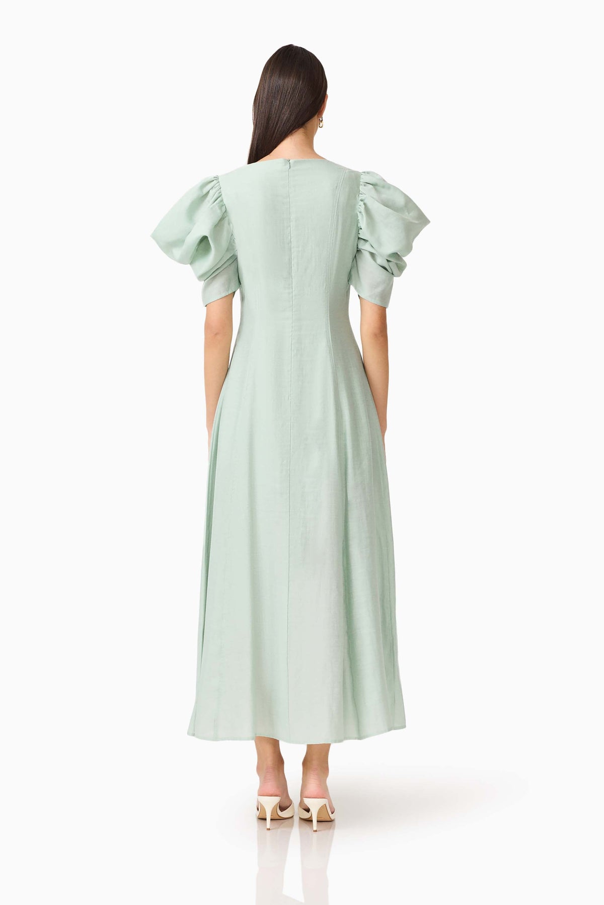 CURAAE Isaline Puff Sleeve Midi Dress in Sage Green