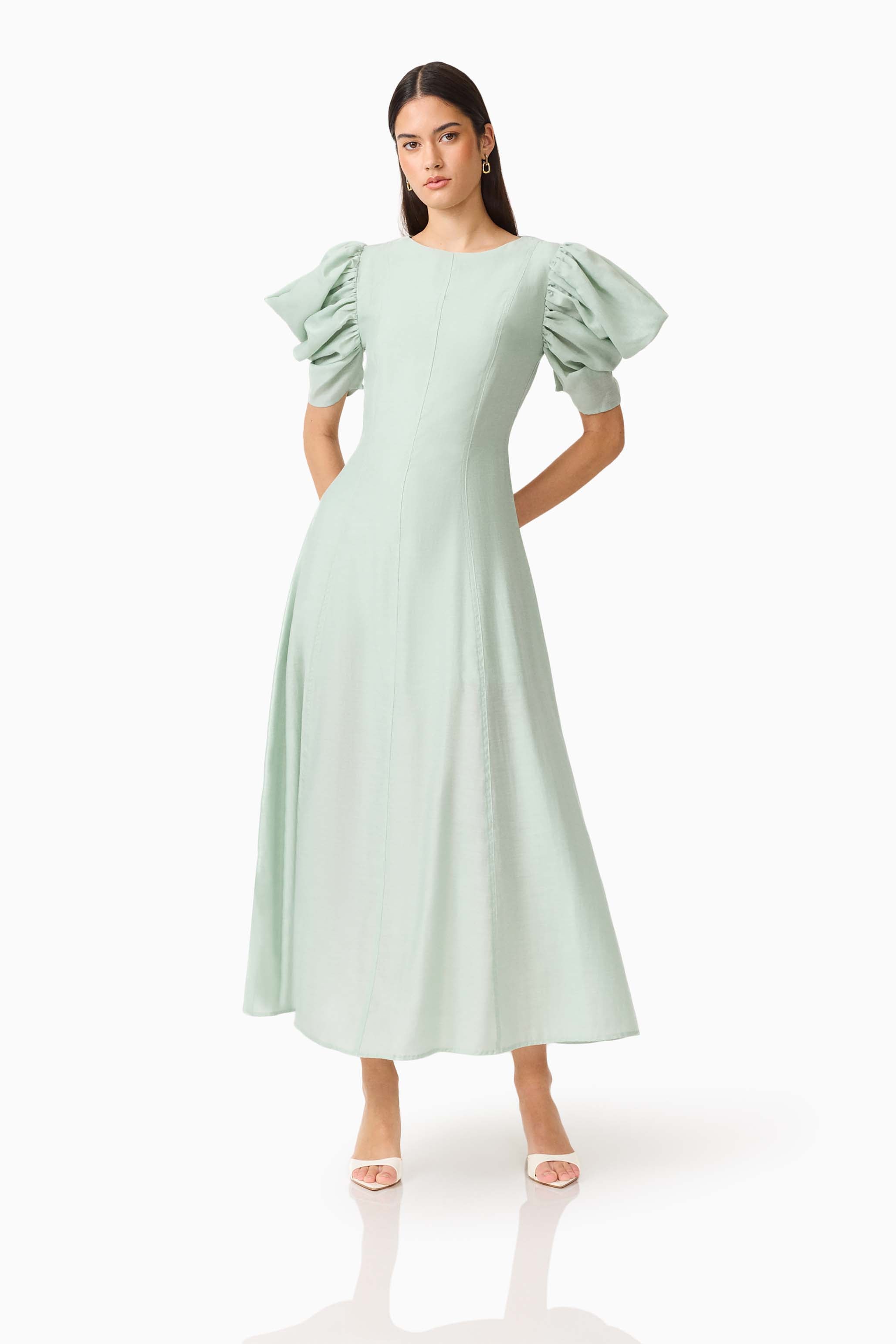 CURAAE Isaline Puff Sleeve Midi Dress in Sage Green