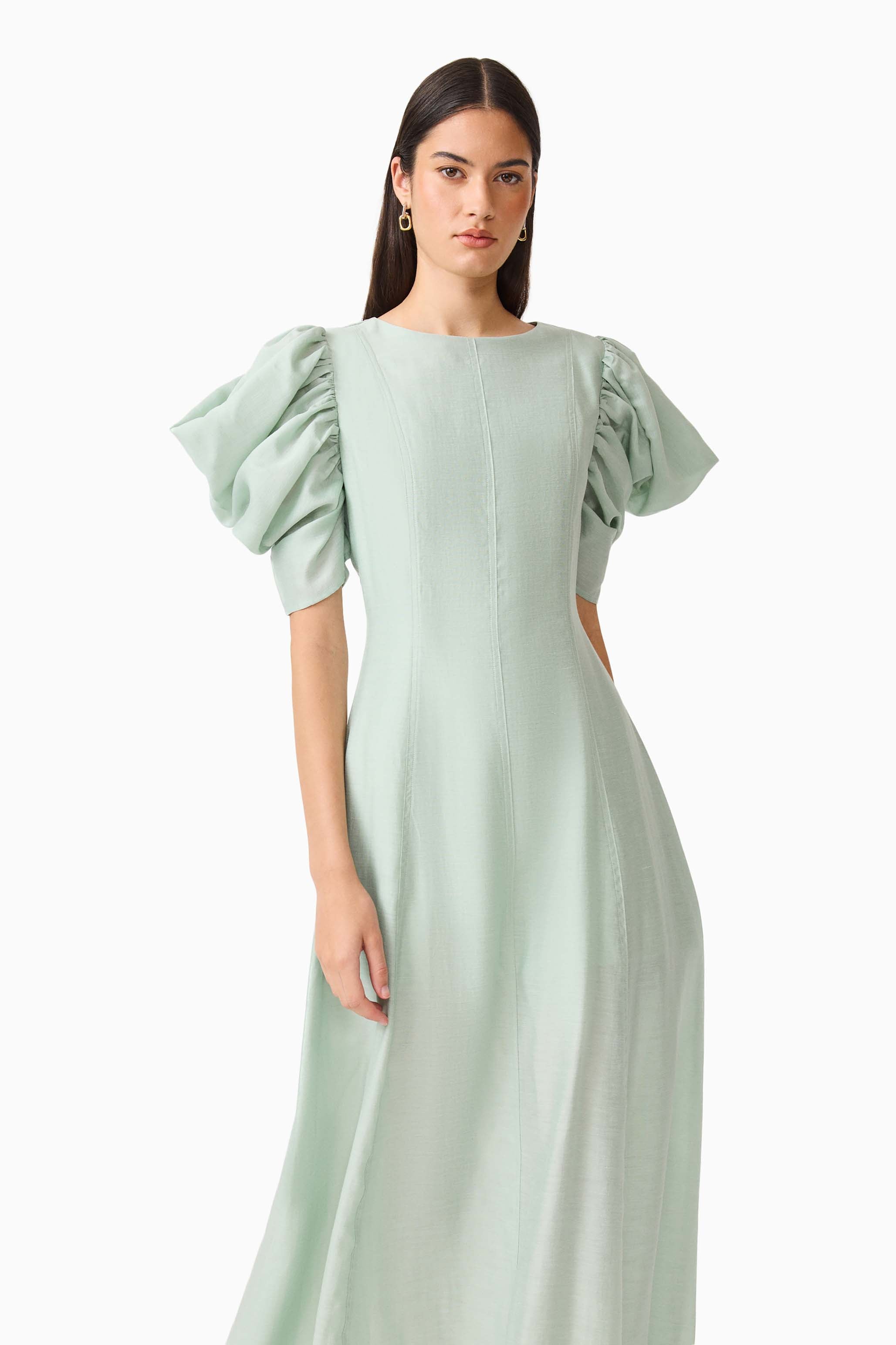 CURAAE Isaline Puff Sleeve Midi Dress in Sage Green