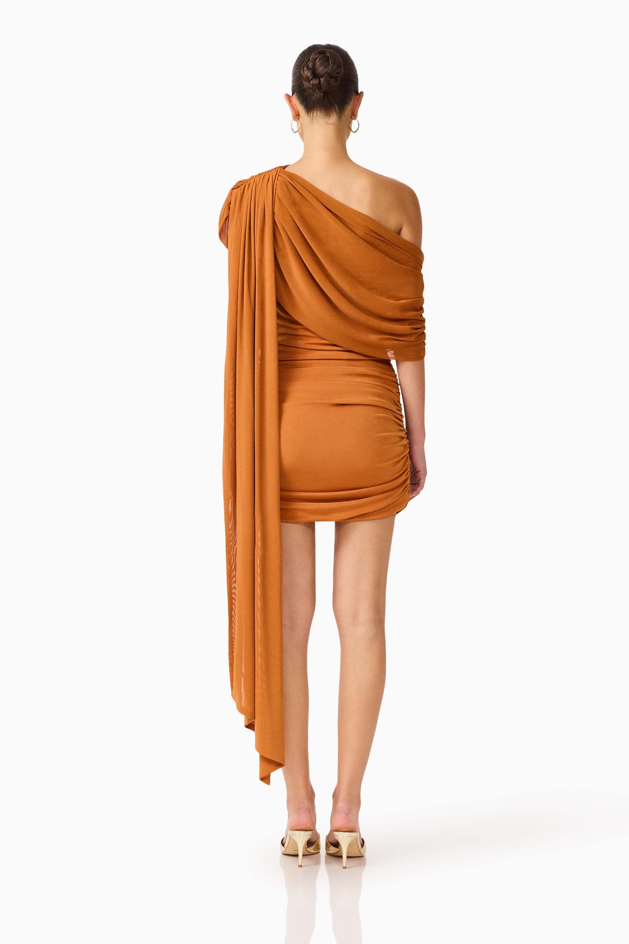 CURAAE Roya Asymmetric Mini Dress in Caramel Brown