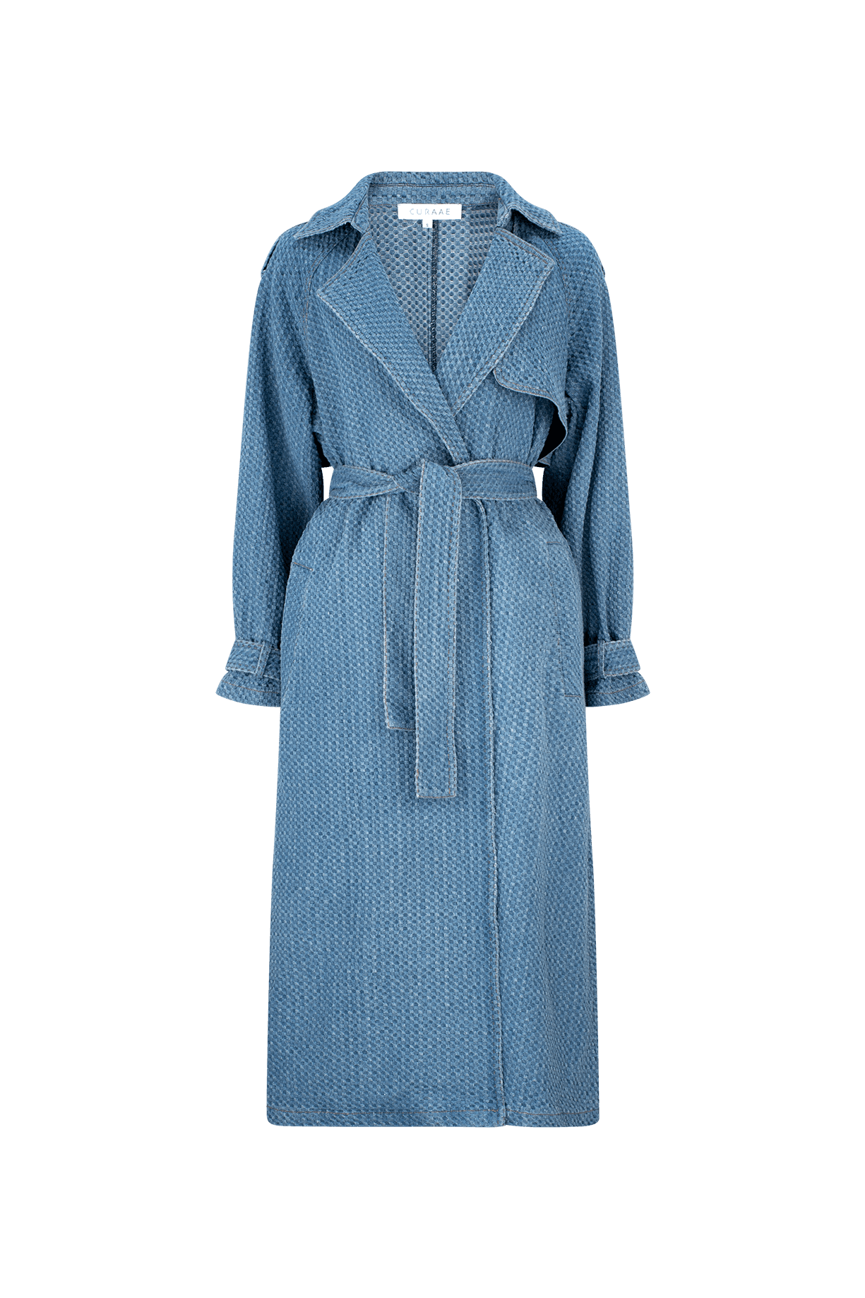 CURAAE Aurora Long Denim Textured Tie Trench