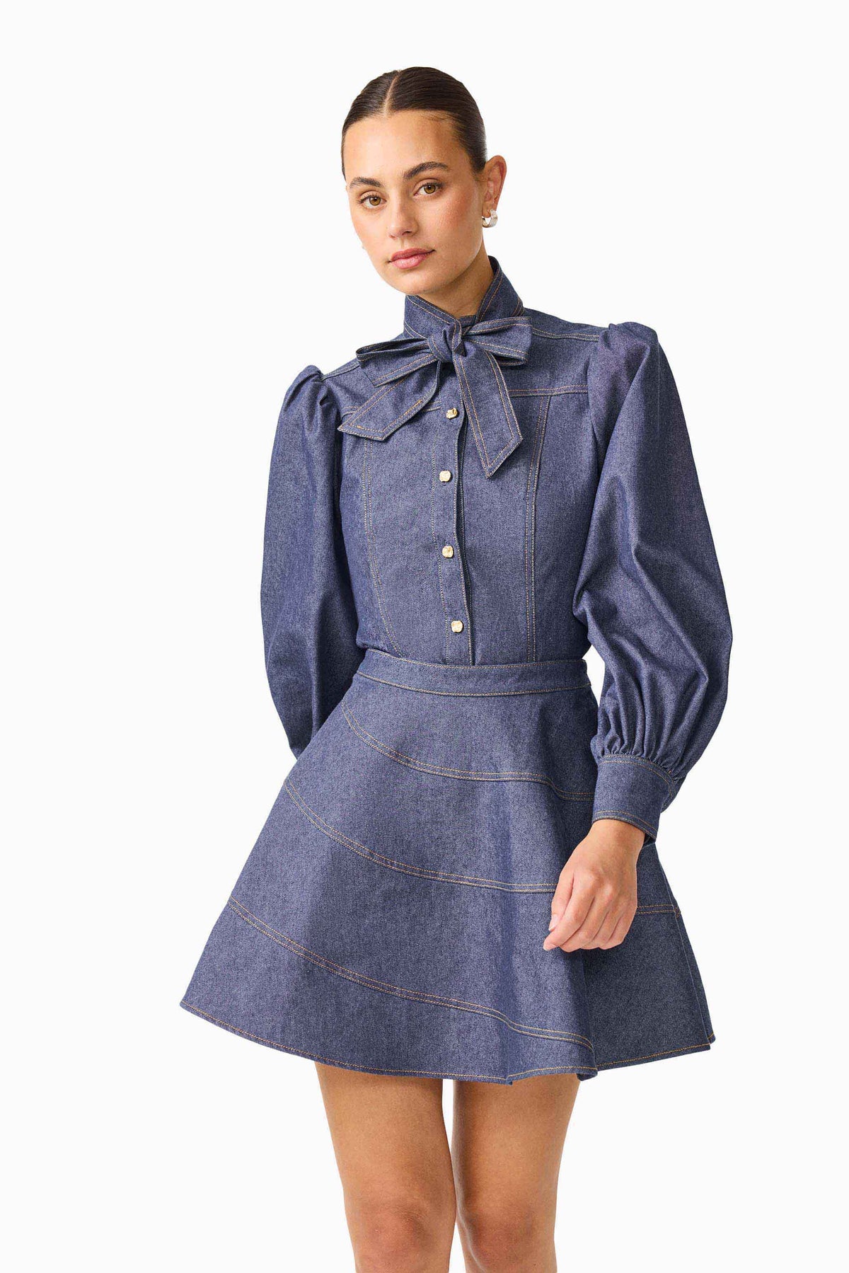 CURAAE Vana Denim Blouse & Skirt Set in Blue