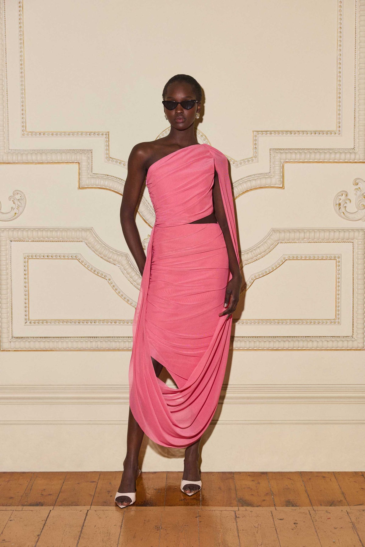 CURAAE Cleo One Shoulder Midi Dress in Pink