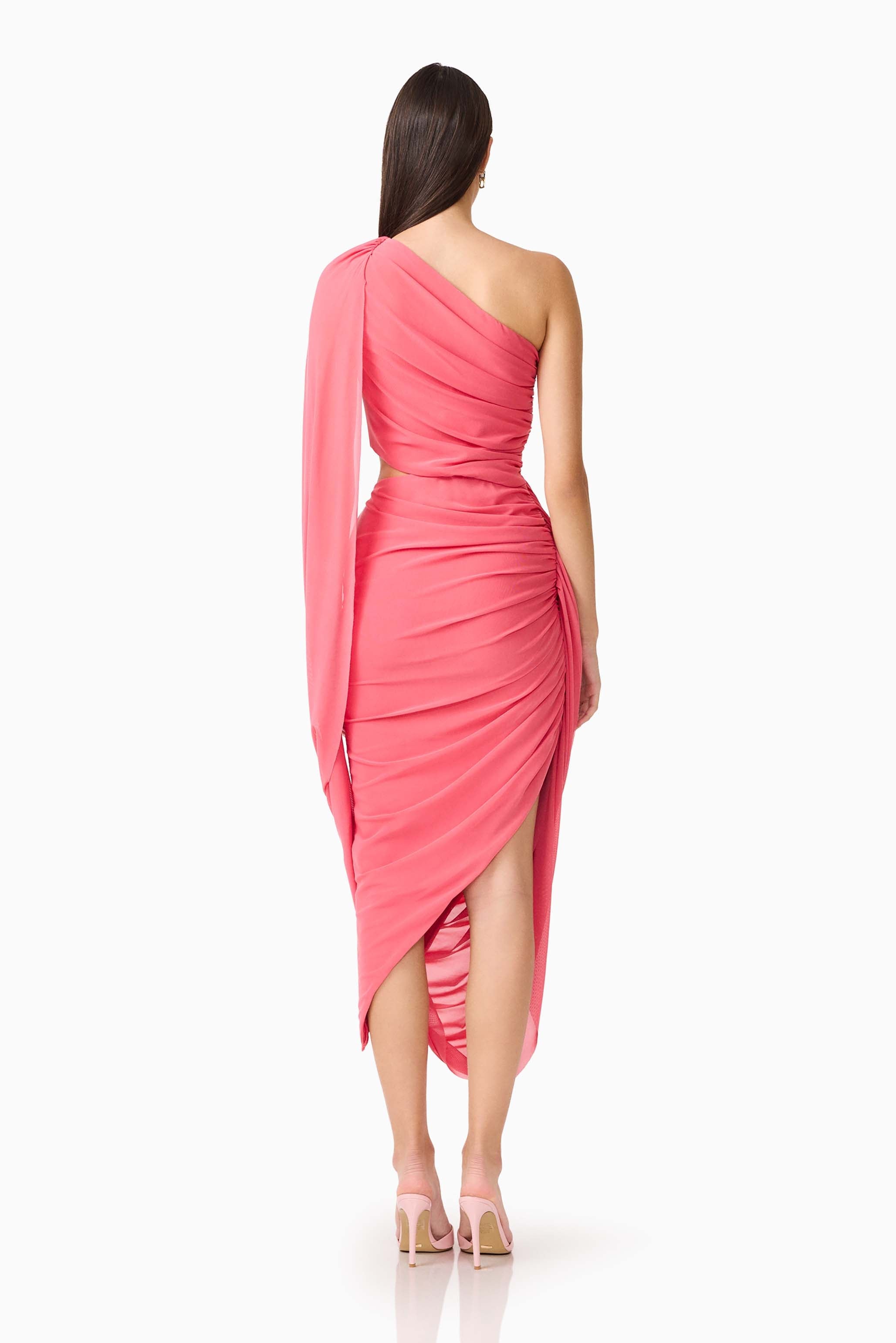 CURAAE Cleo One Shoulder Midi Dress in Pink