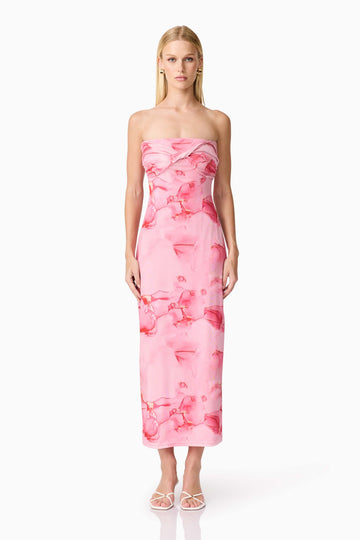 CURAAE Rosalia Strapless Midi Dress in Pink Floral