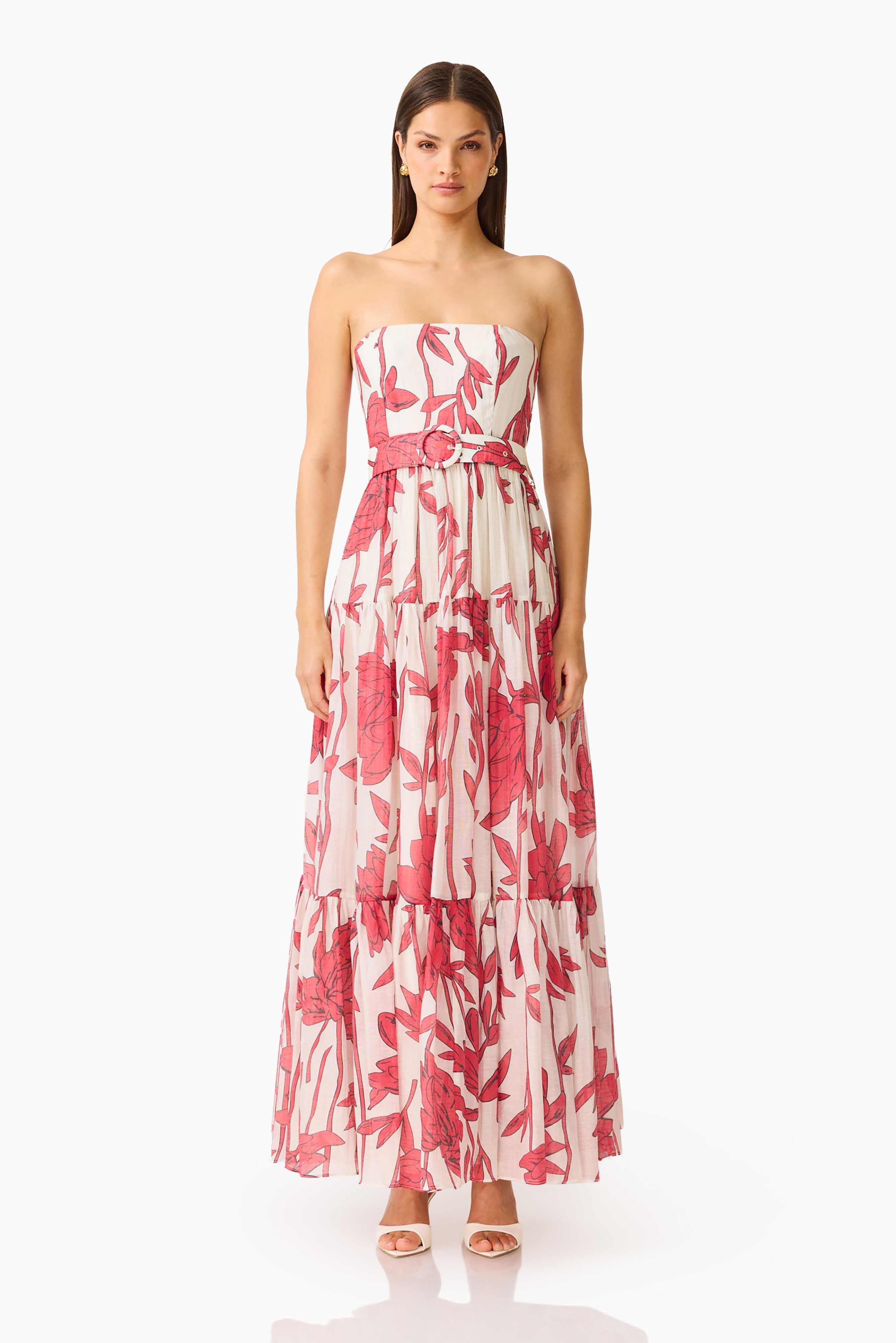 CURAAE Viva Belted Maxi Dress in White and Red
