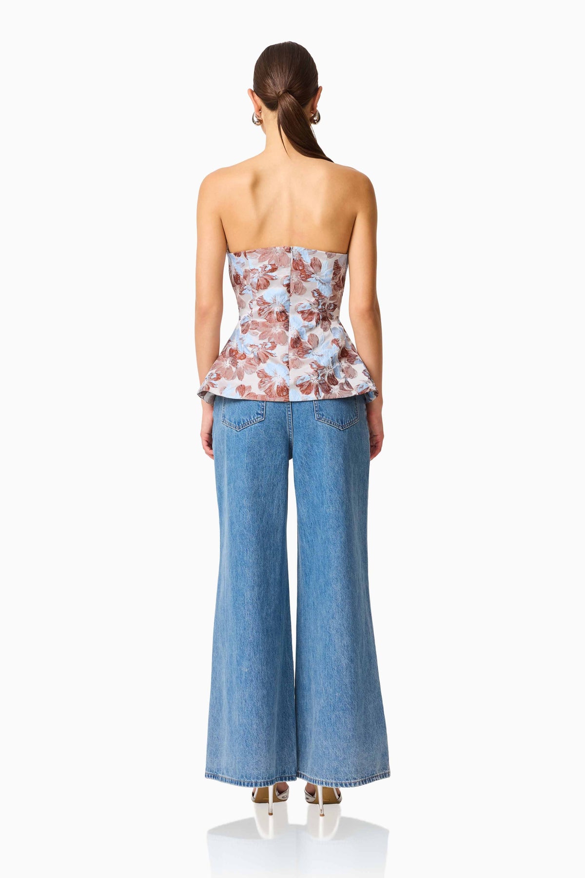 CURAAE Bloomette Strapless Top in Brown and Blue Floral