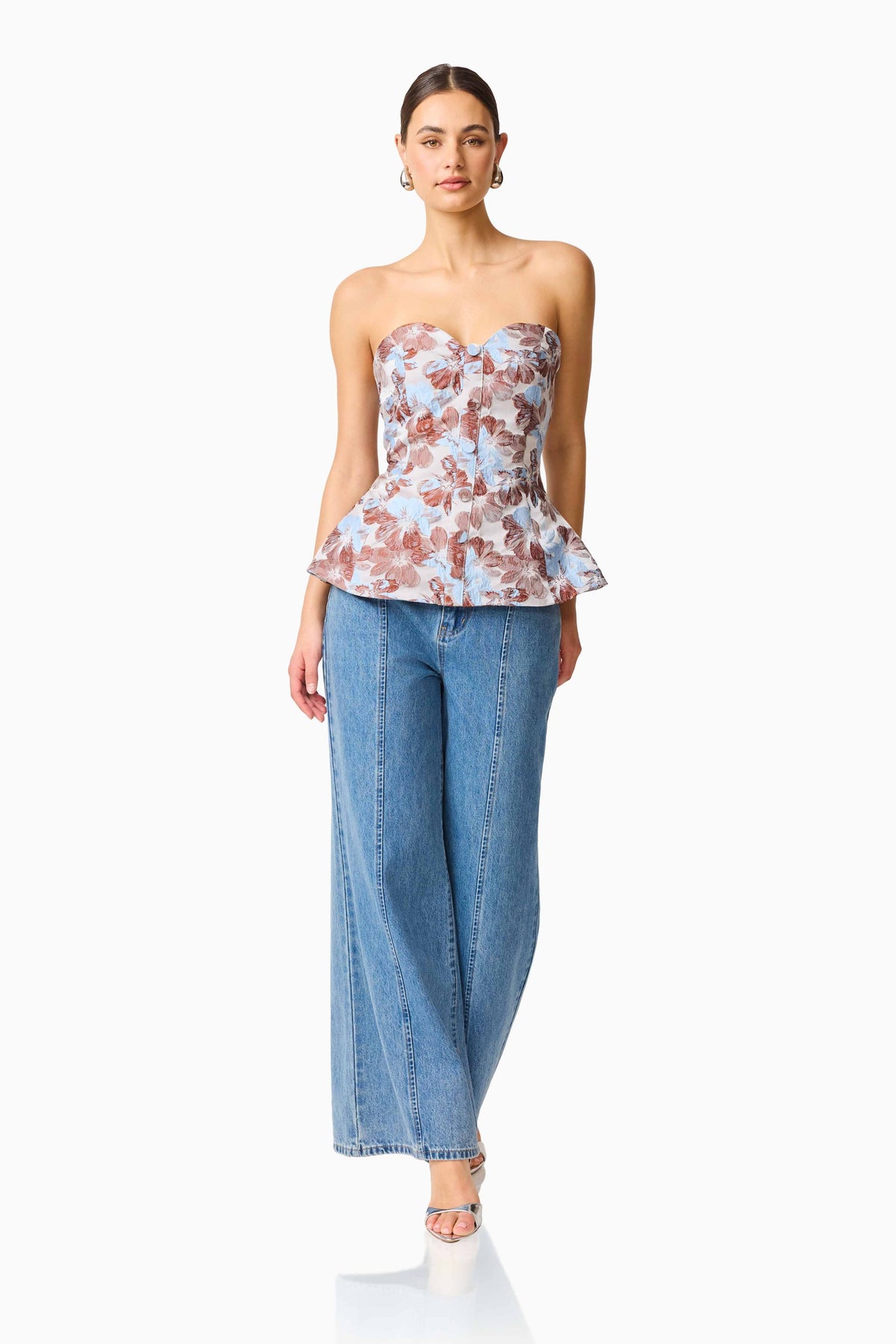 CURAAE Bloomette Strapless Top in Brown and Blue Floral