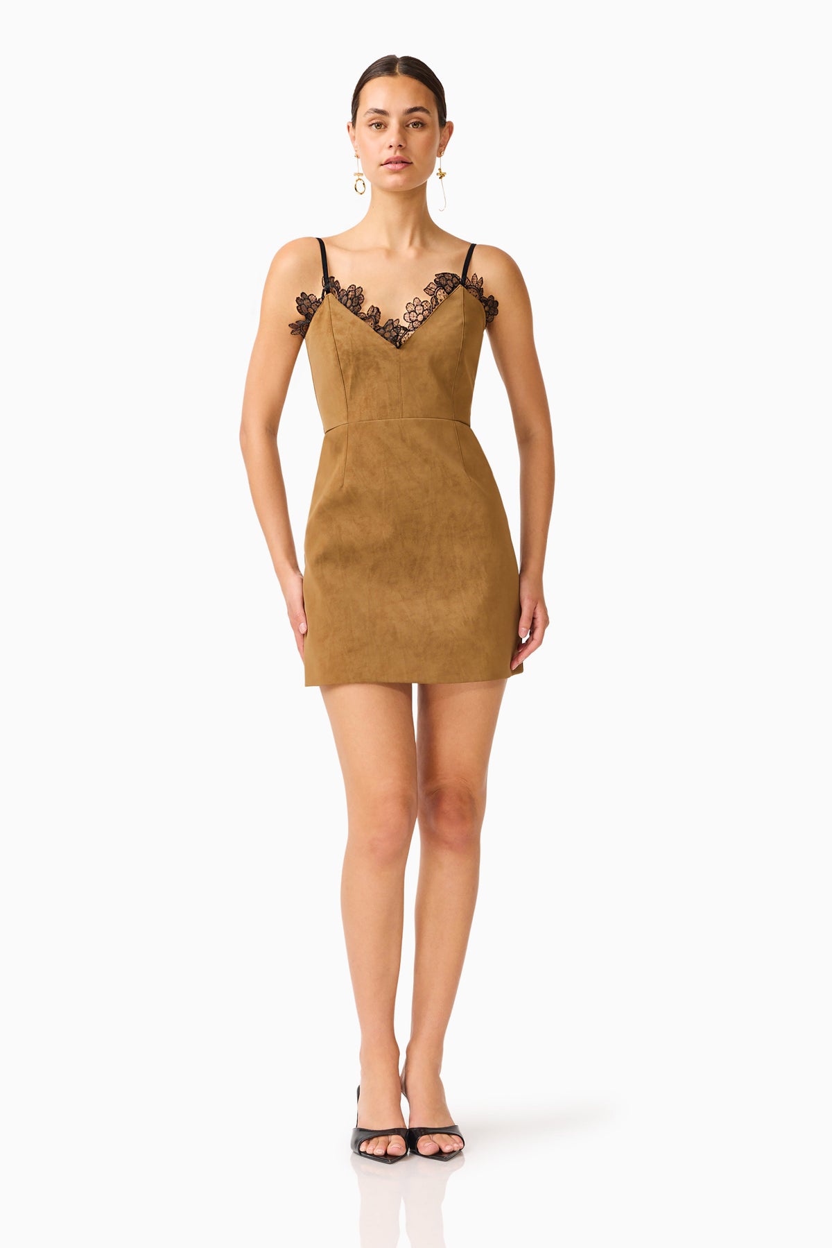 CURAAE Verdure Lace Trim Mini Dress in Caramel Brown