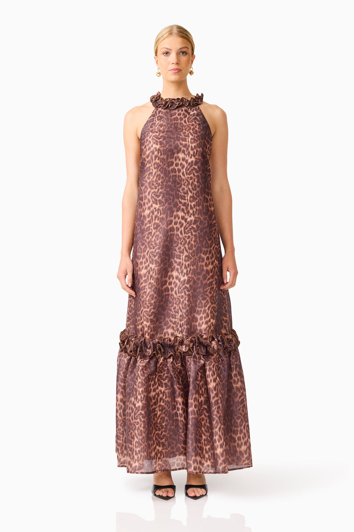 CURAAE Zamira Halter Maxi Dress in Brown Multi