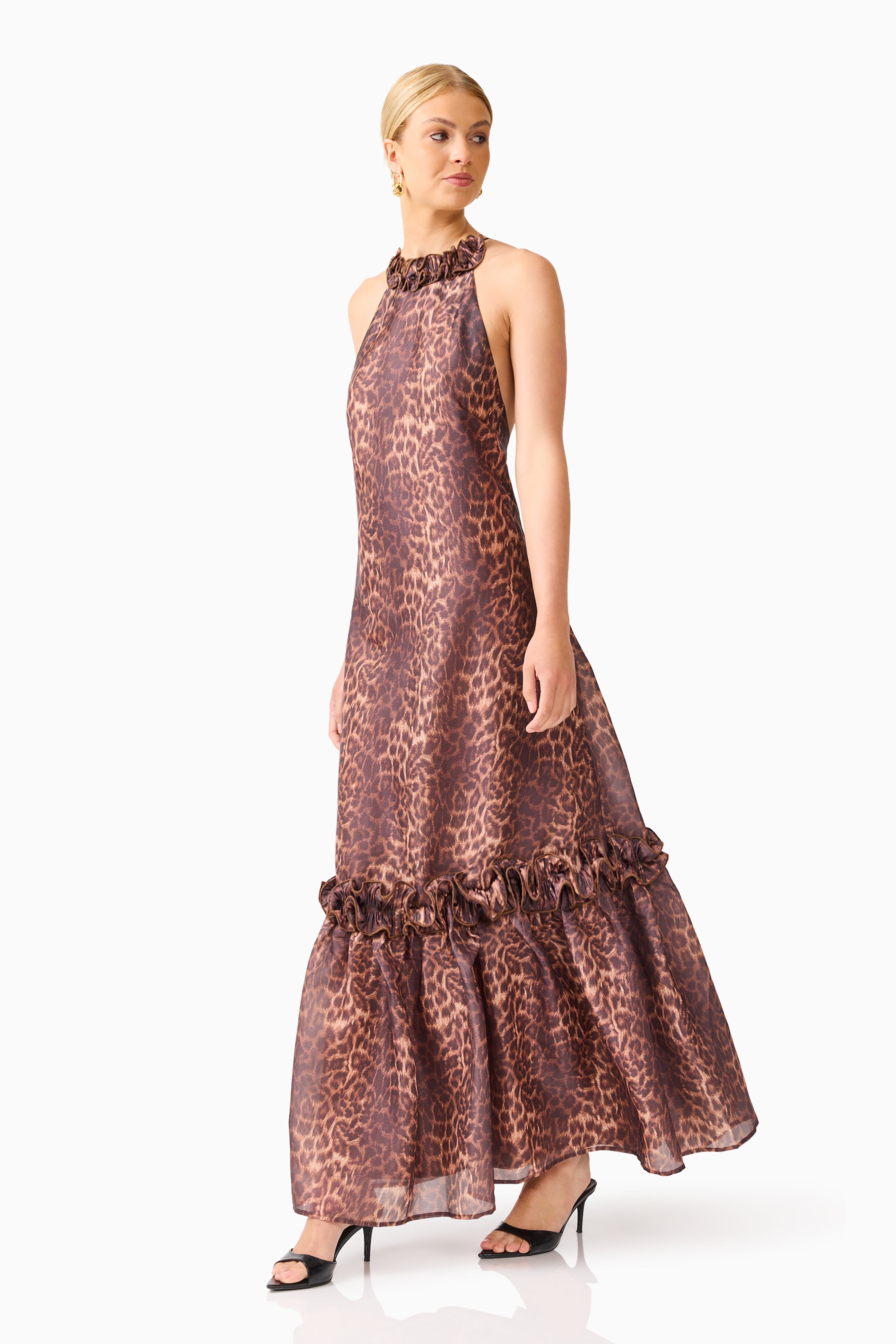 CURAAE Zamira Halter Maxi Dress in Brown Multi